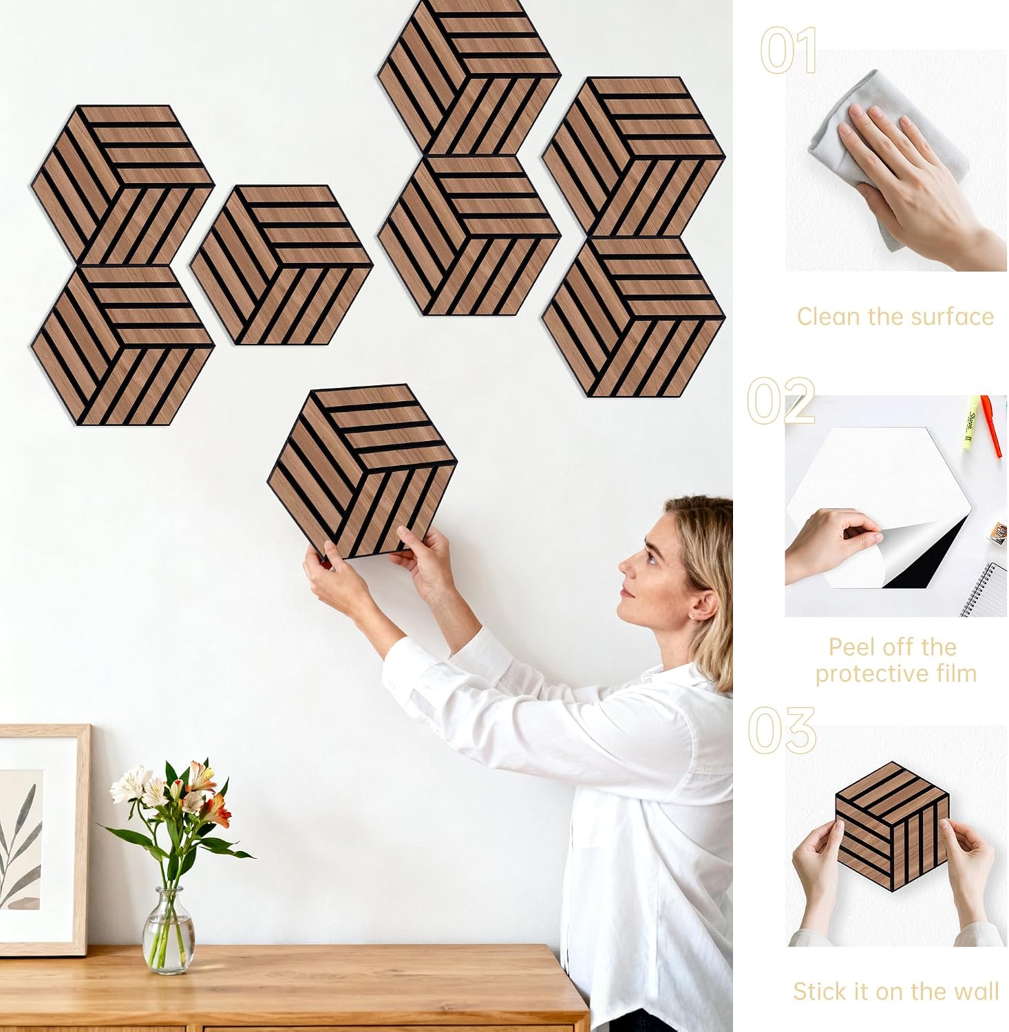 Detalle 2 de Mollywell Walnut Hexagon Acoustic Panels, 12-Pack, 14 x 12 in, NRC 0.95