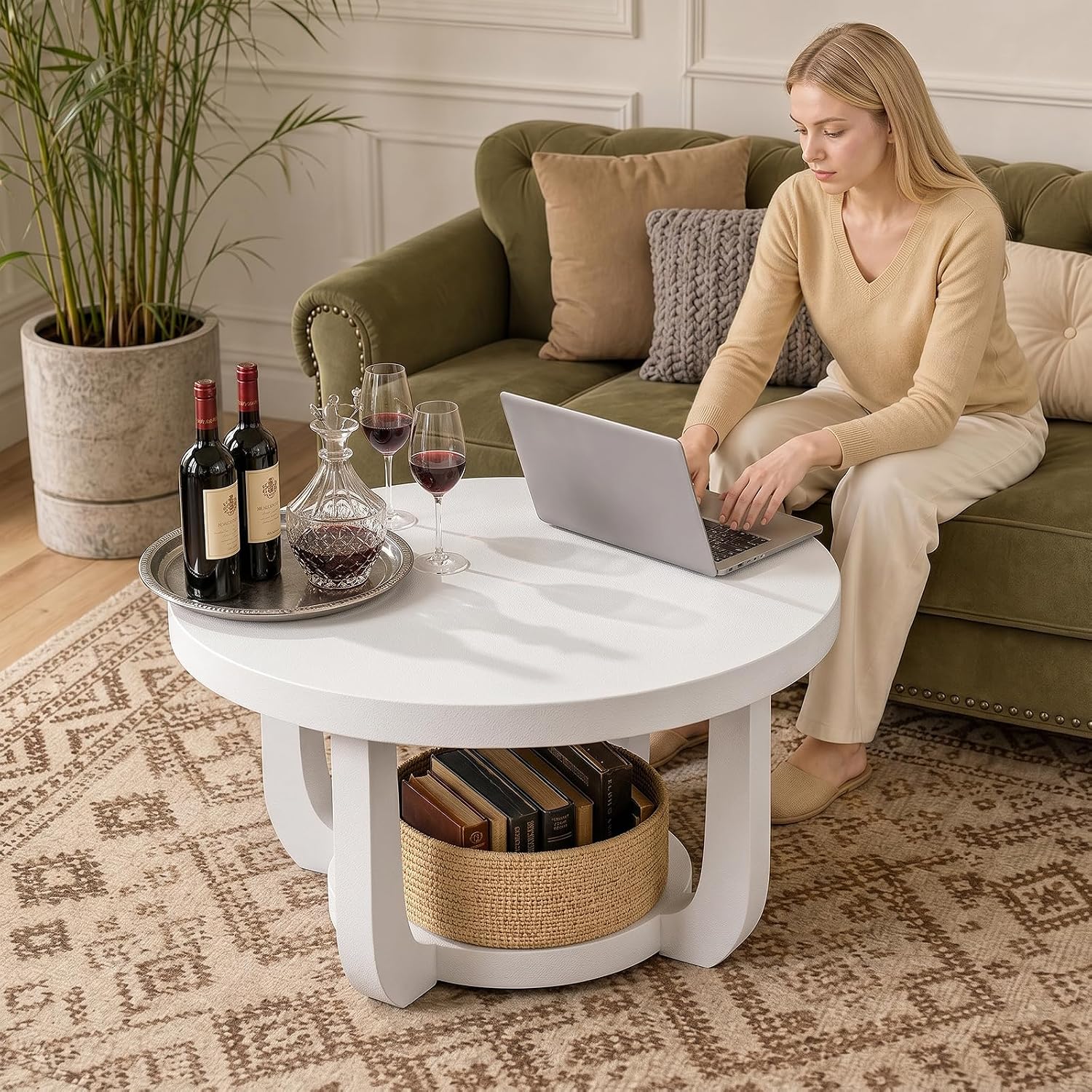Detalle de BEROXII Round Coffee Table, 2-Tier White Table with Storage