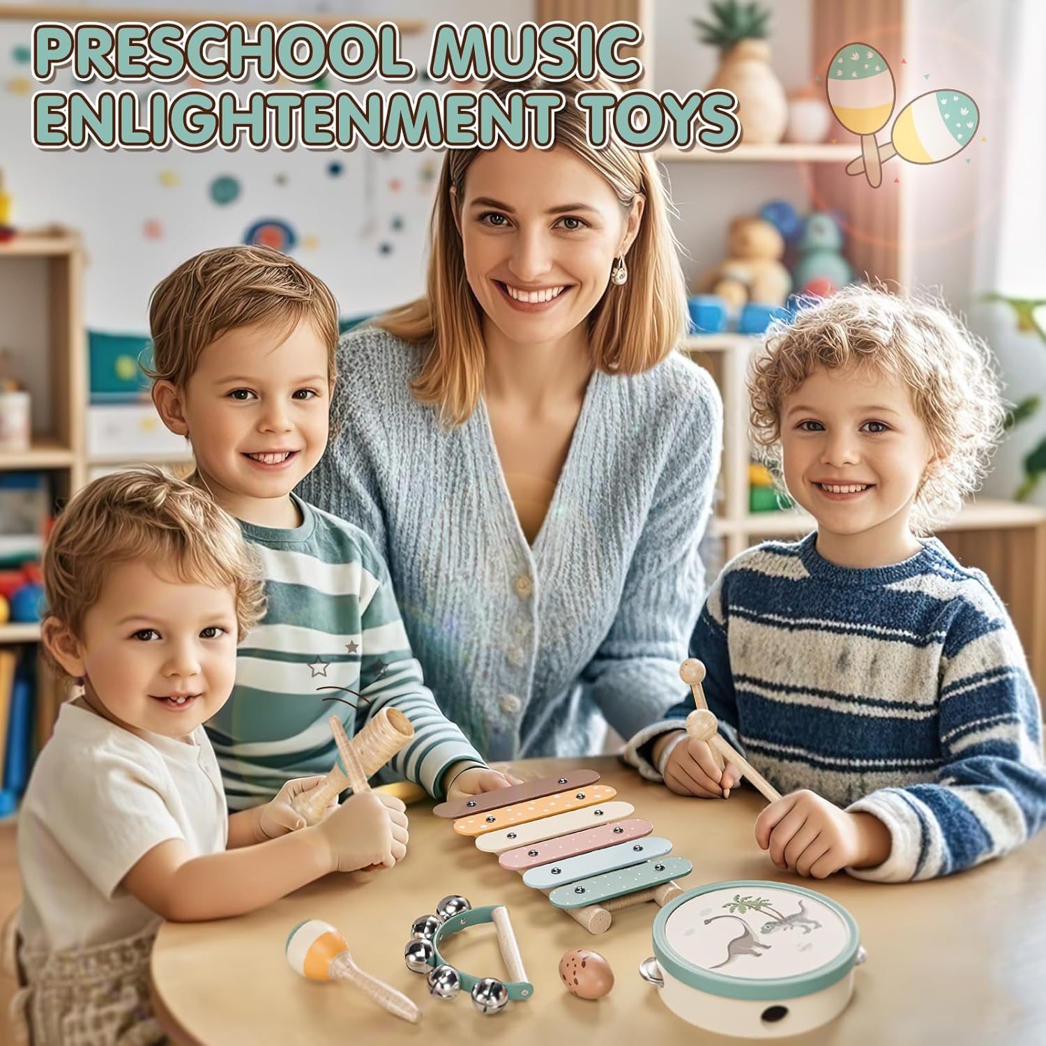Detalle de Lehoo Castle Wooden Musical Instruments Set (xylophone, maracas & more) for toddlers 1–3