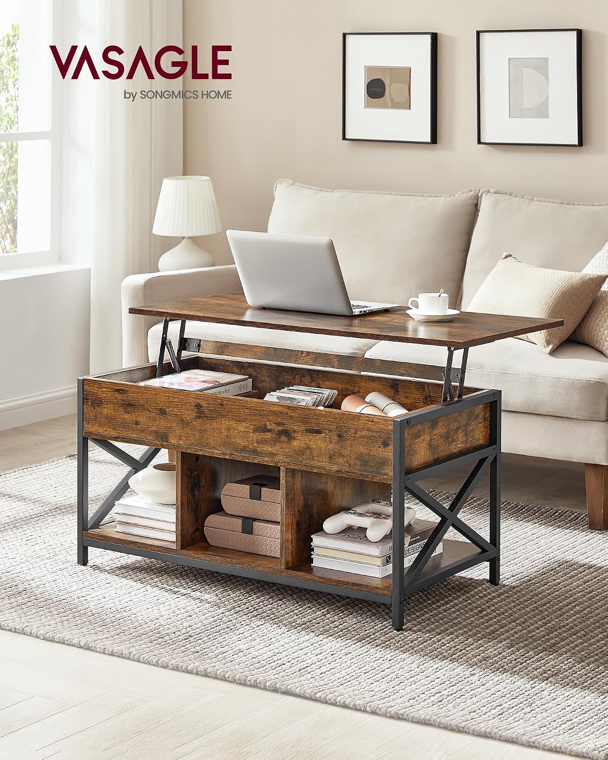 Detalle 2 de VASAGLE LCT202B01 Lift-Top Coffee Table with Steel Frame and Hidden Storage