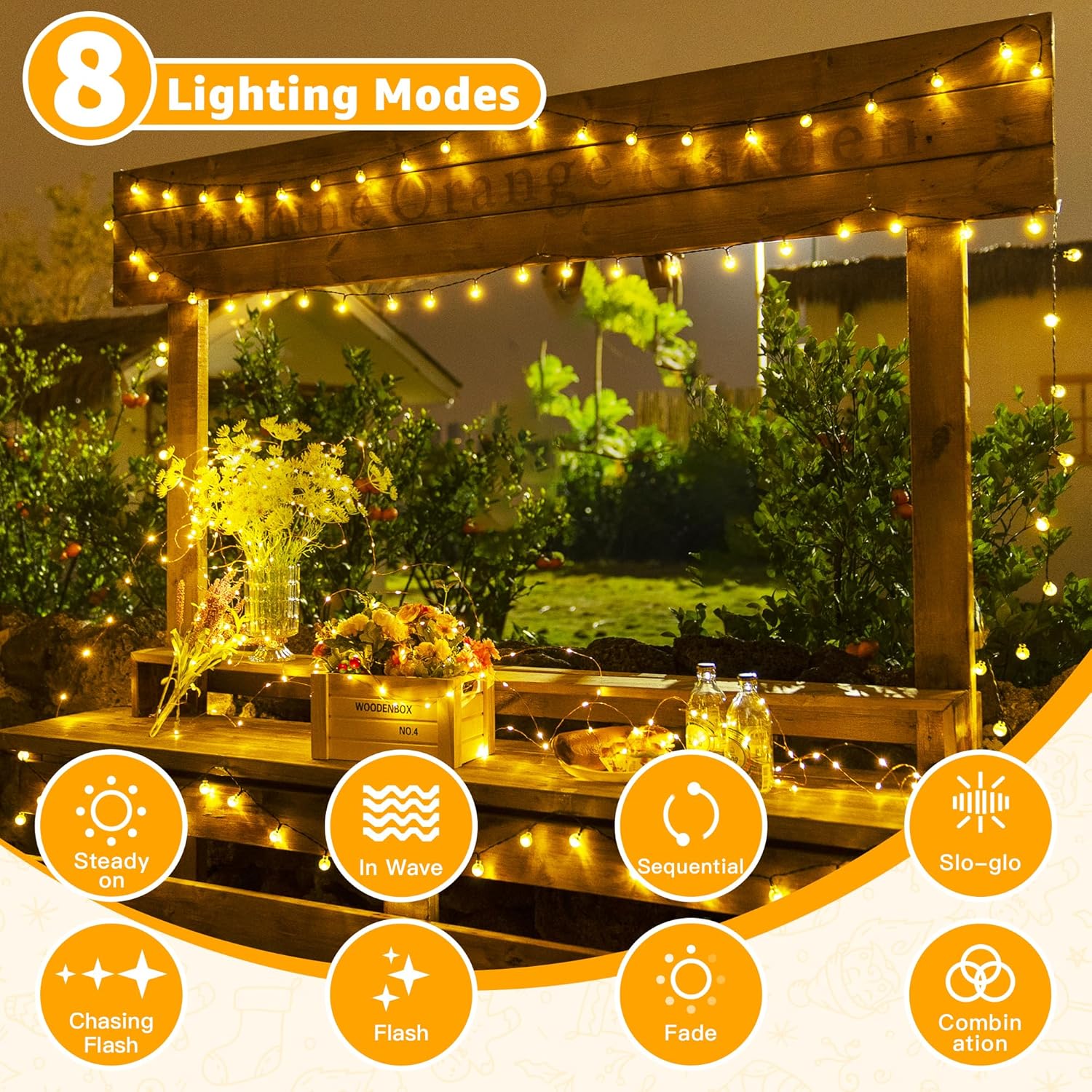 Thumbnail 4 de Ollny Solar Lights Outdoor Garden 12m 100 LED Crystal Ball Fairy Lights (Warm White) – IP65/IP44, 8 Modes