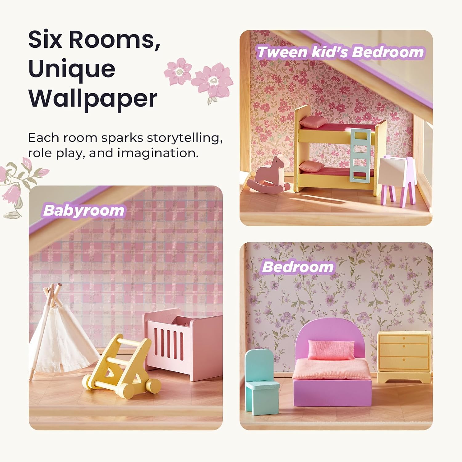 Detalle de Tiny Land Wooden Dollhouse for Girls - 6 Rooms with 31-Piece Furniture Set (Unicorn Purple)