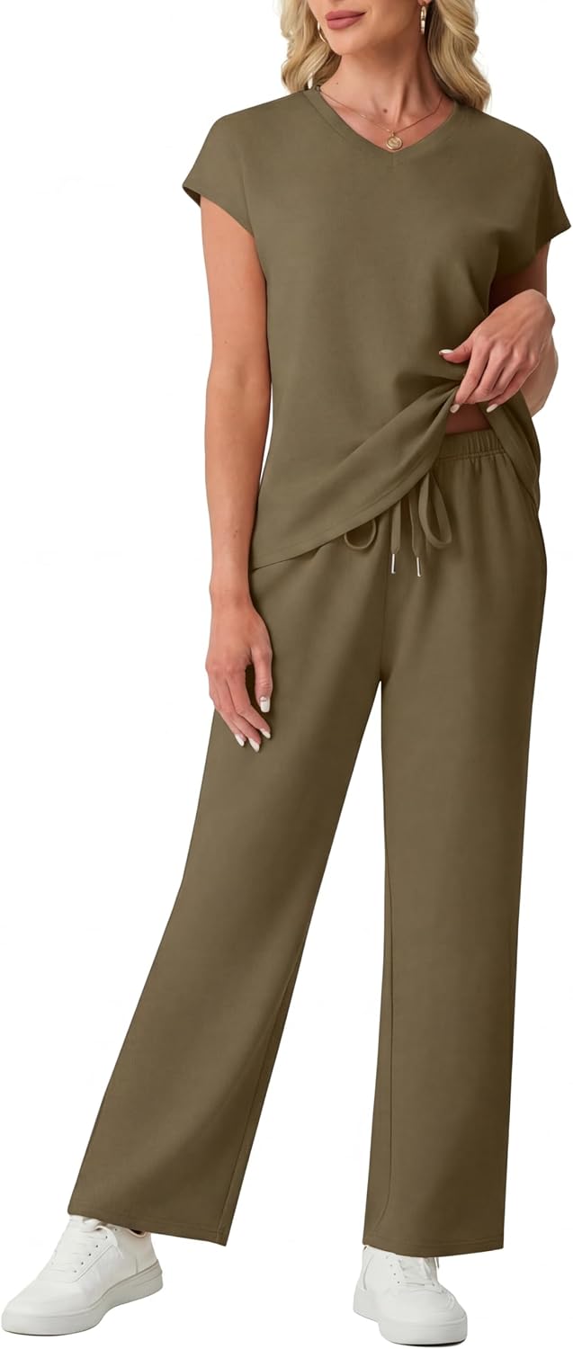 Detalle de GRECERELLE Women's Tracksuit Full Set: Summer Short Sleeve Lounge Wear Two-Piece