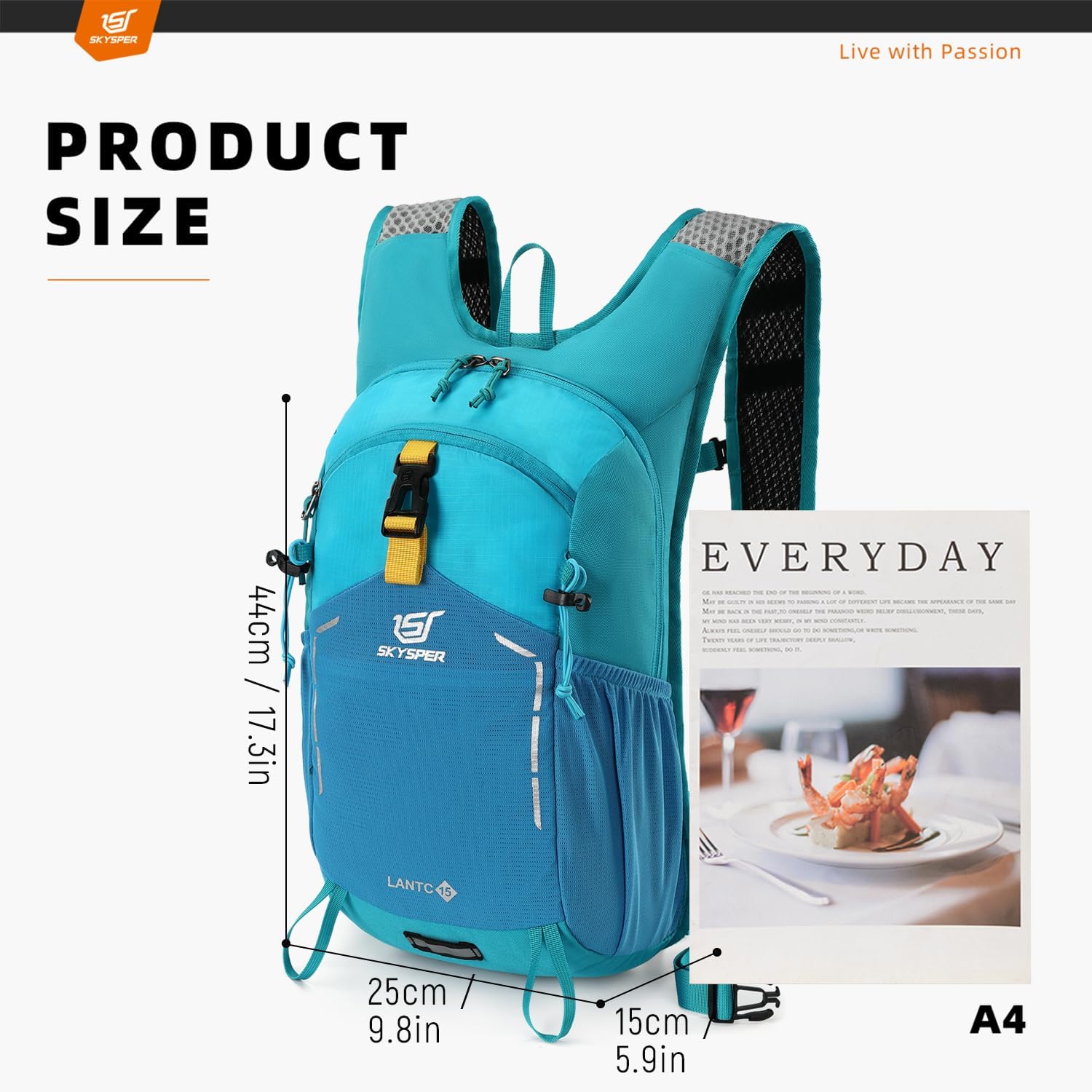 Detalle 2 de SKYSPER Wanderrucksack 15L für Herren – leichter Tagesrucksack für Wandern, Ausflüge und Reisen (Hellblau)