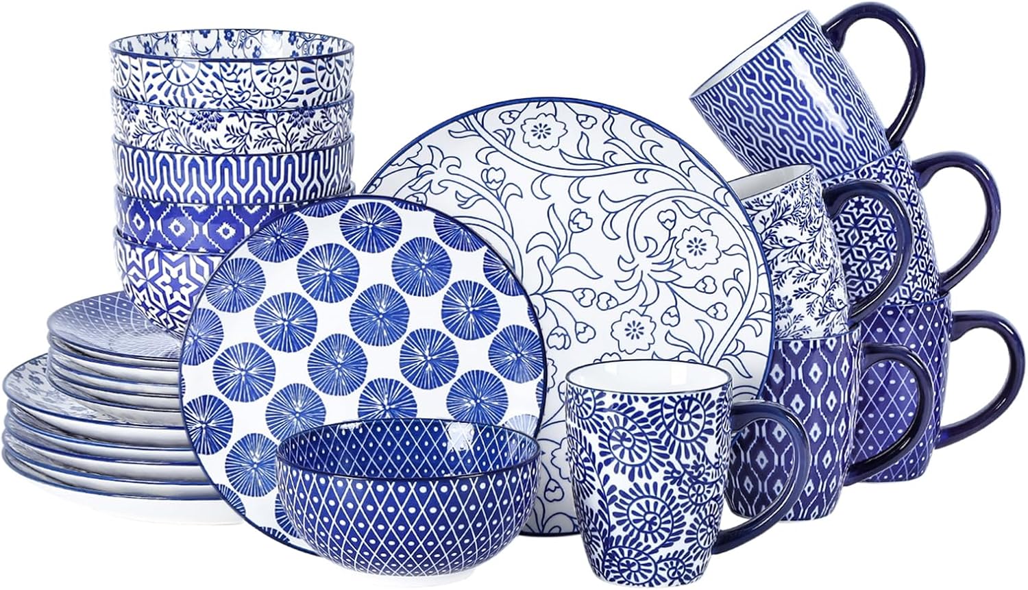 Detalle de Selamica Vintage Blue 12-Piece Ceramic Dinnerware Set (Plates & Bowls for 4)