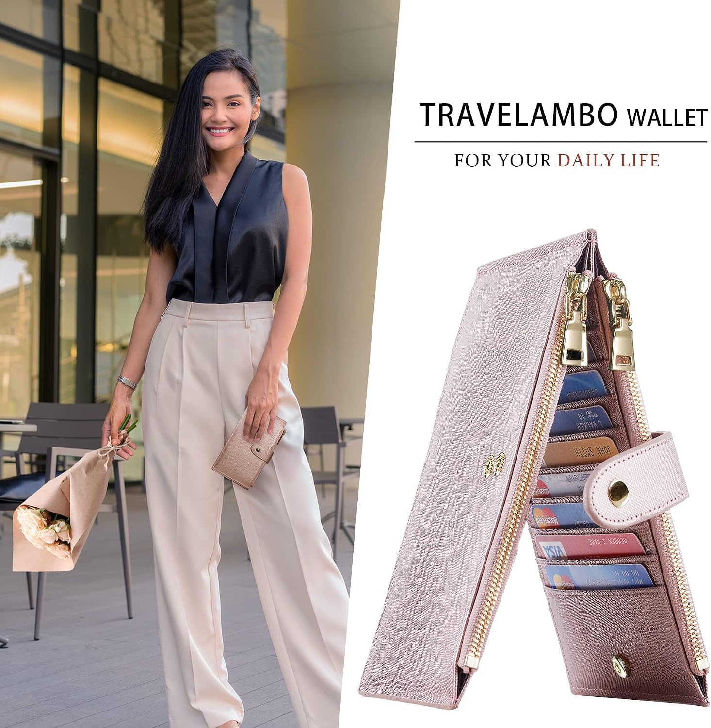 Detalle 1 de Travelambo RFID Bifold Wallet for Women, Rose Gold Leather with Zipper Pockets