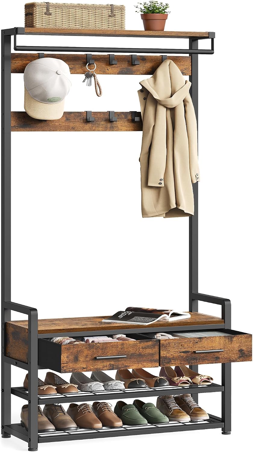 Detalle de VASAGLE UHSR429B01 Hall Tree with Bench, 10 Hooks and Fabric Drawers