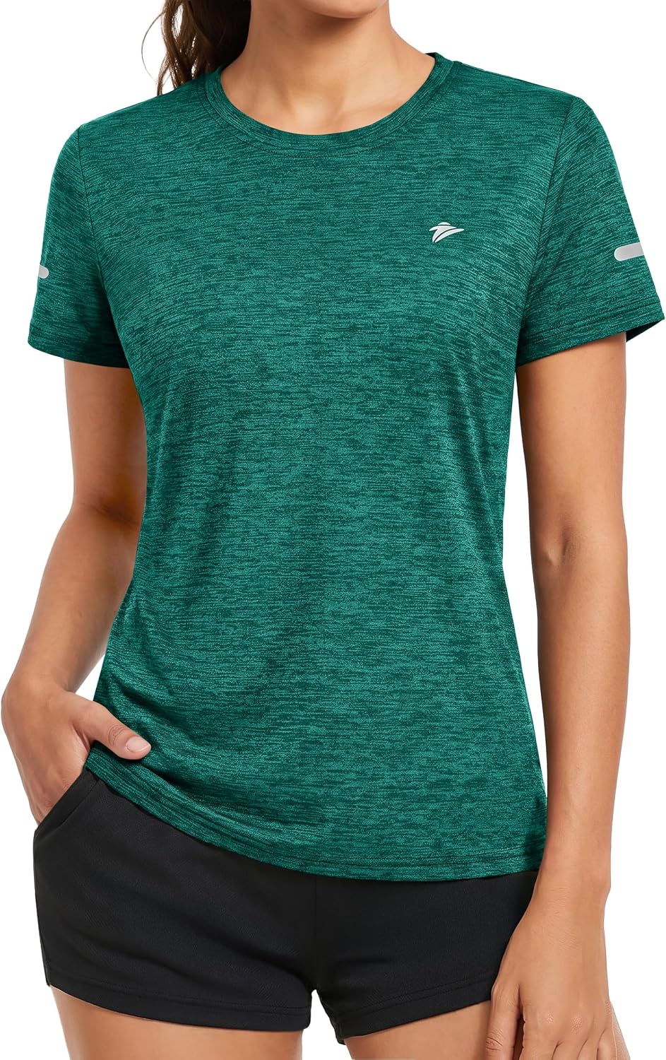 Detalle de KEFITEVD Melange Sportshirt Damen Kurzarm mit Reflexstreifen – atmungsaktives, schnelltrocknendes Funktionsshirt im Regular Fit
