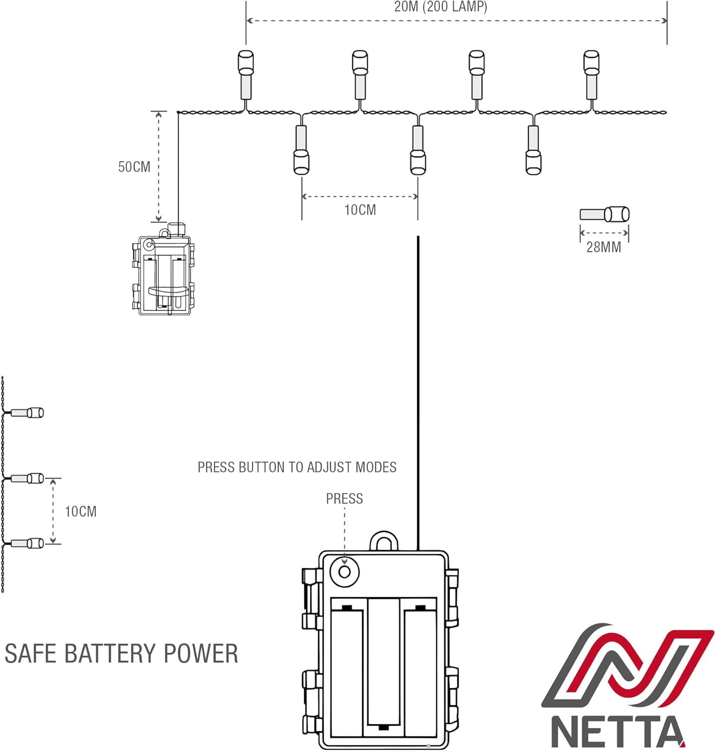 Thumbnail 6 de NETTA Battery Operated 200 LED 20M Christmas Tree Fairy Lights with Timer (Warm White) – 8 Modes