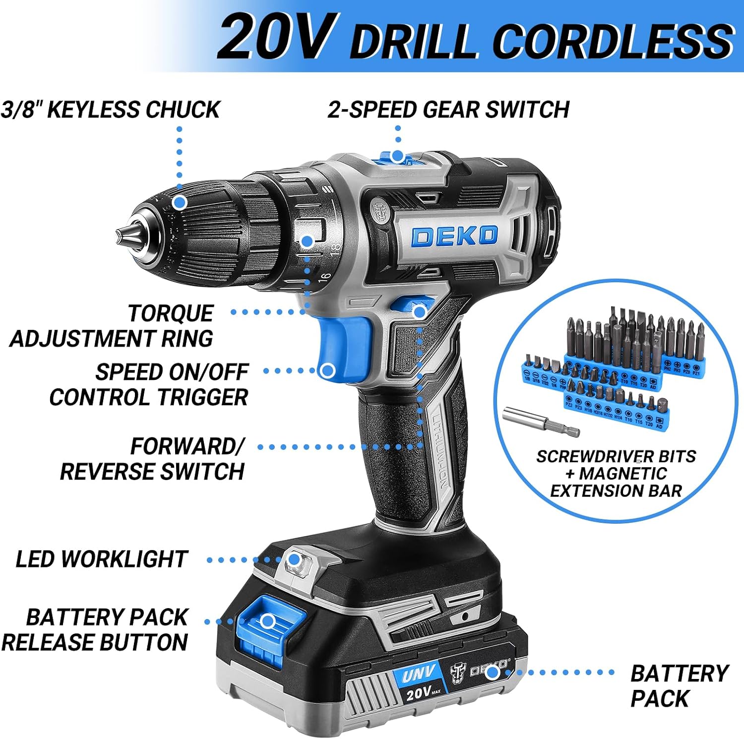 Detalle de DEKO 20-V-Akkuschrauber-Werkzeugkoffer 1350 U/min