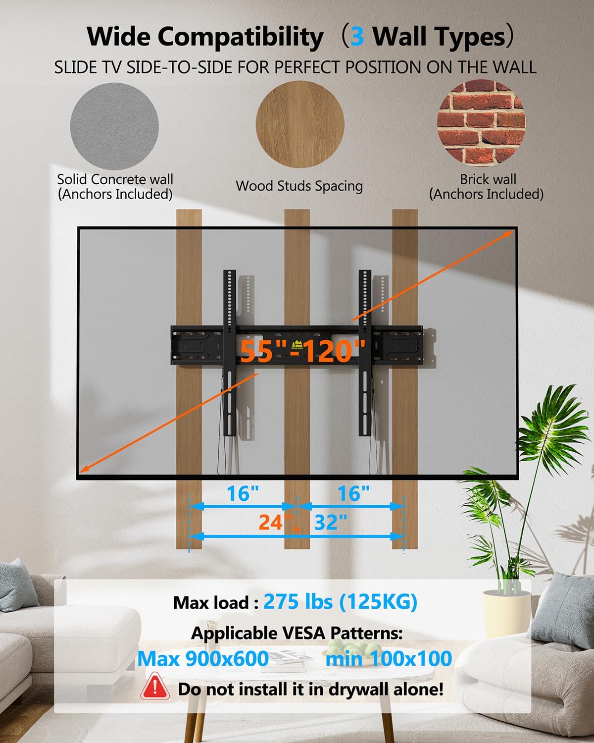 Thumbnail 2 de FORGING MOUNT Heavy Duty Fixed TV Wall Mount for 50"–120" TVs (Up to 275 lbs) – Ultra Slim, 3-Stud, VESA 900x600mm