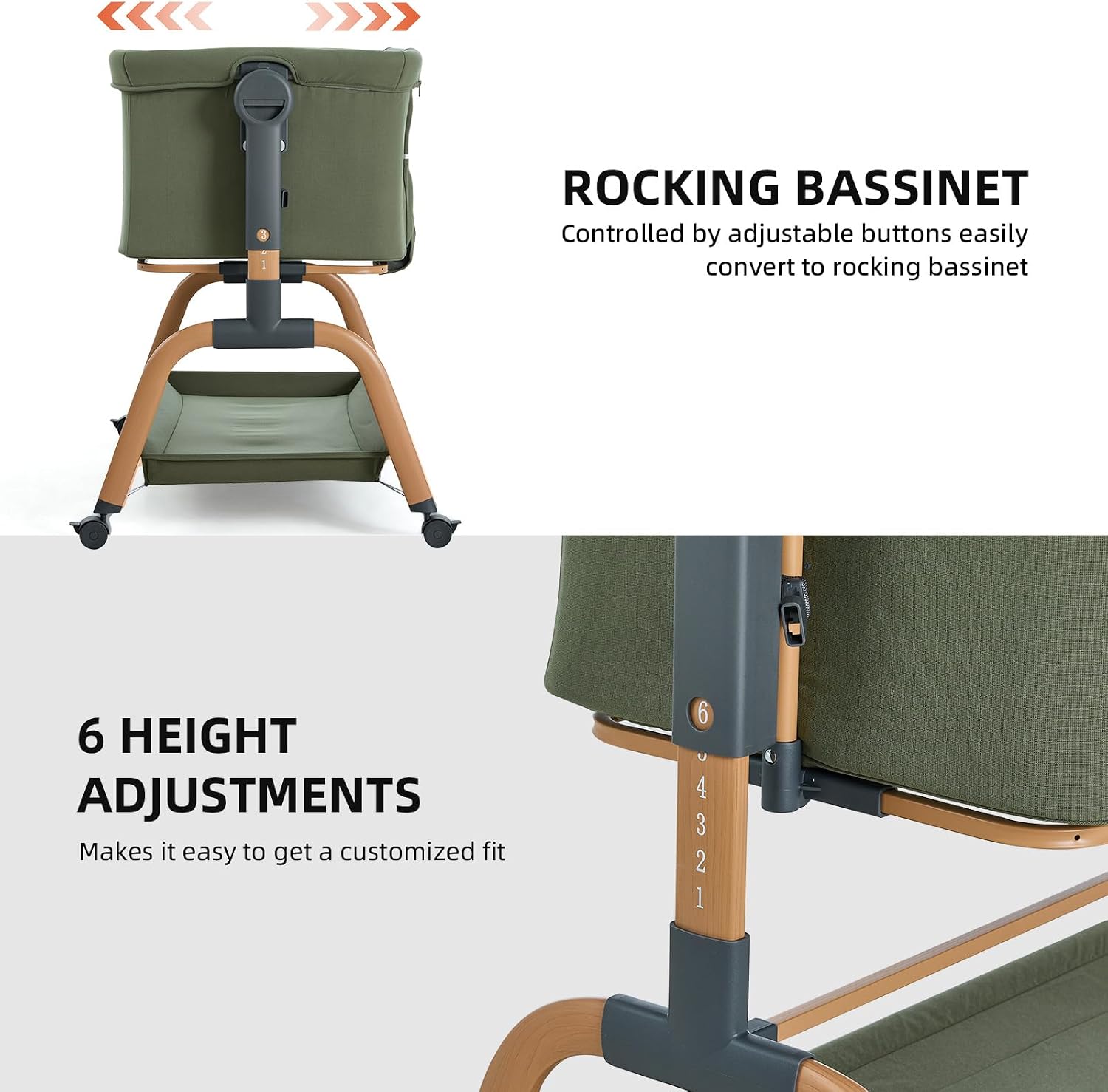 Detalle de ANGELBLISS Y08 3-in-1 Baby Bassinet, Rocking Bedside Sleeper, Green