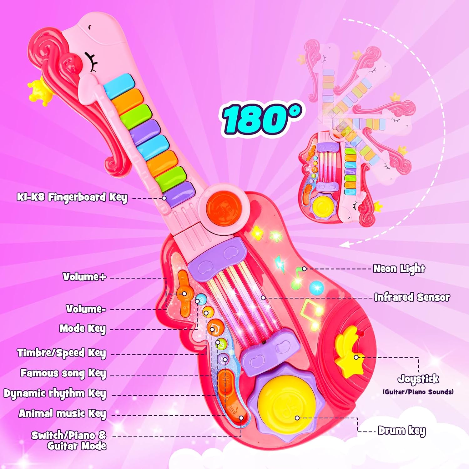 Detalle 2 de m zimoon Kids Toy Guitar 2 in 1 (folding guitar & piano) with strap, pink crown