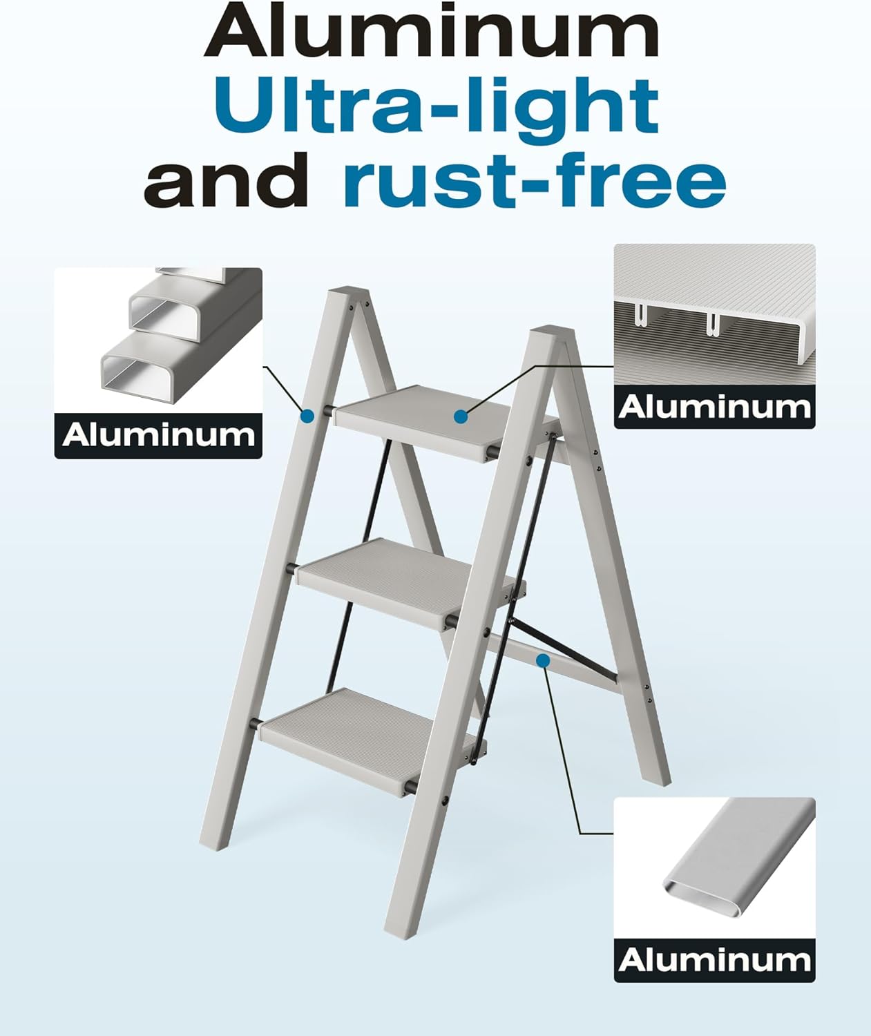 Detalle 2 de HillhutApex 3-Step Aluminum Step Stool, Folding, Grey, 150 kg Capacity