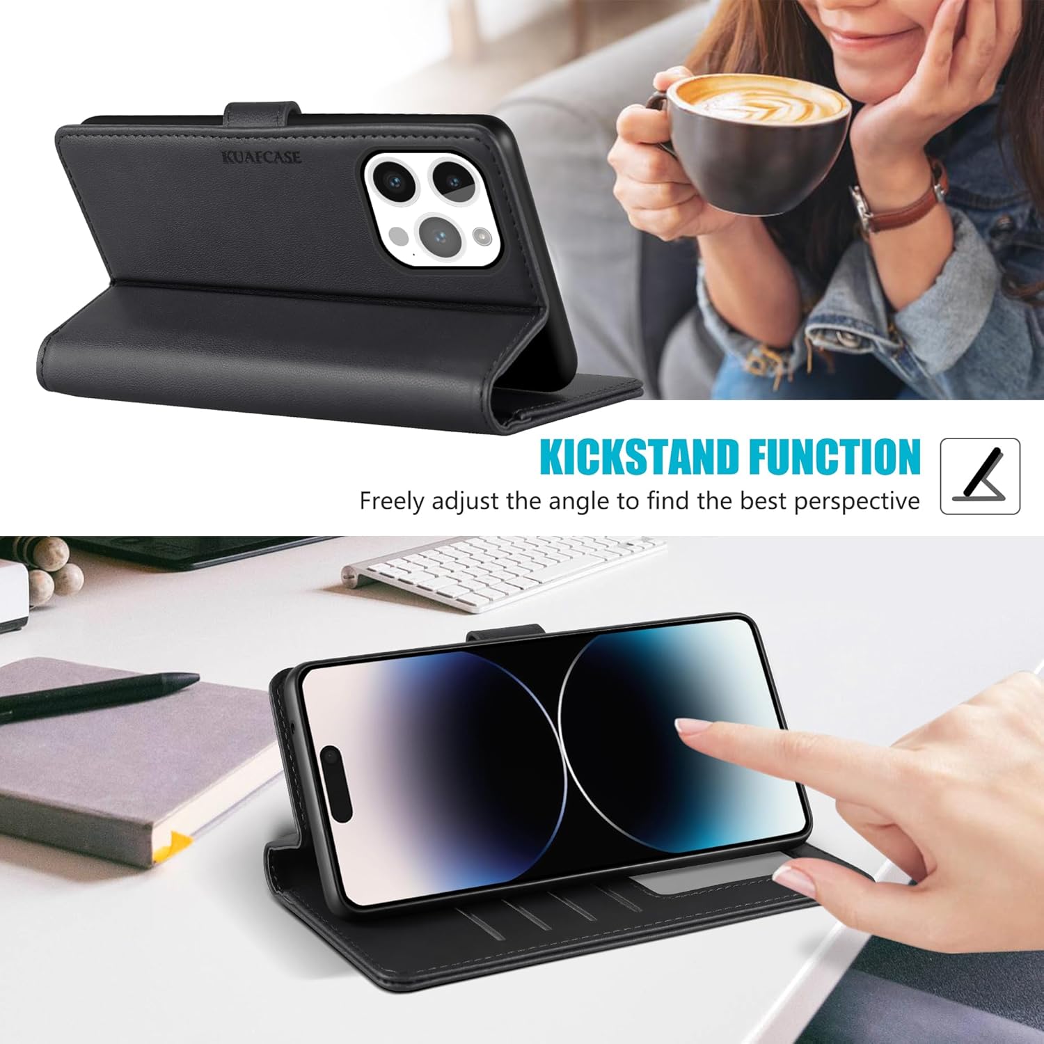 Thumbnail 3 de Kuafcase Wallet Case for iPhone 14 Pro Max with 4 Card Slots, Magnetic Closure and Kickstand – Black