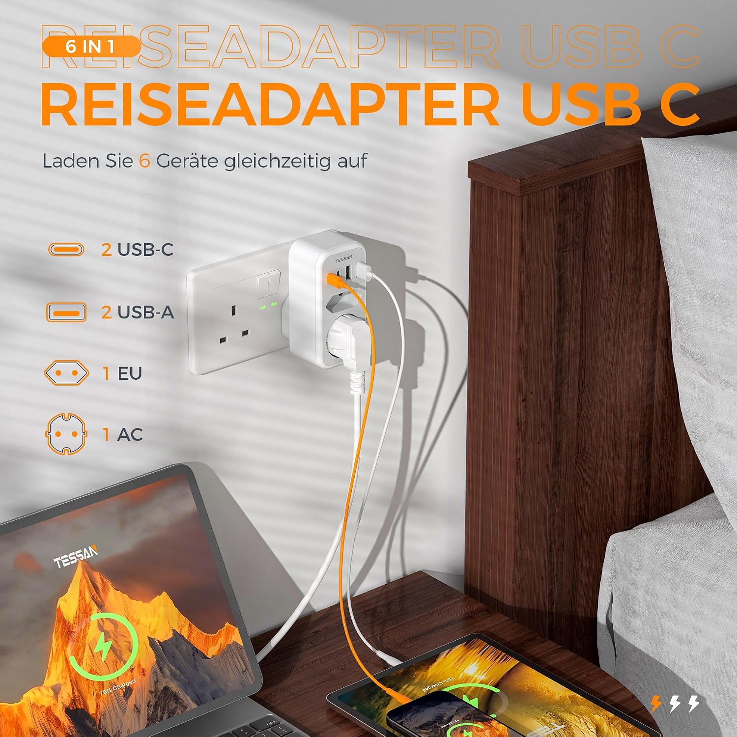 Detalle 2 de TESSAN 6-in-1 Reiseadapter England/Deutschland (Typ G) mit 2× USB-C und 2× USB-A
