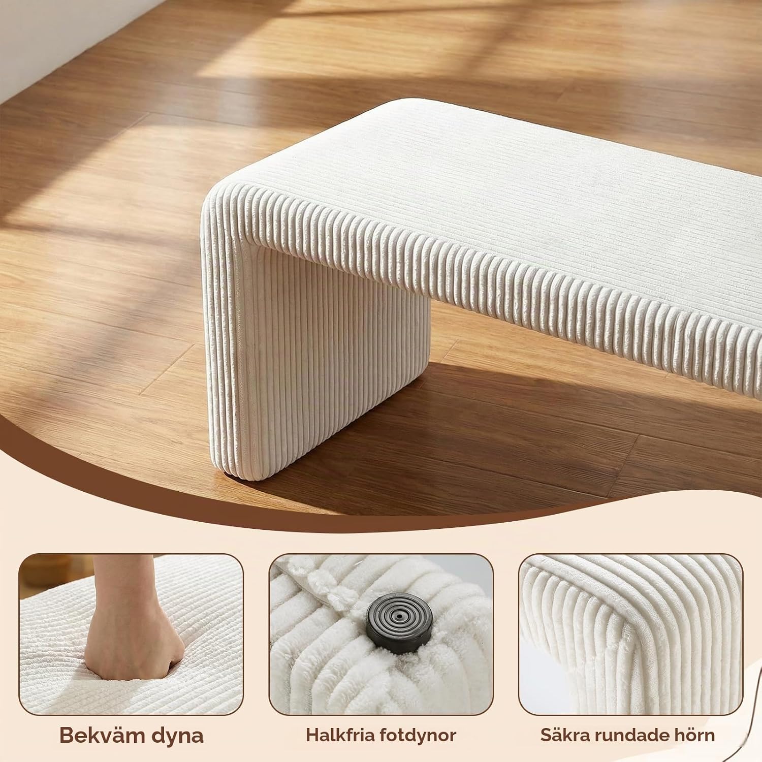 Detalle 2 de Clevich SF18219 sittbänk med två pallar, beige klädsel och trästomme
