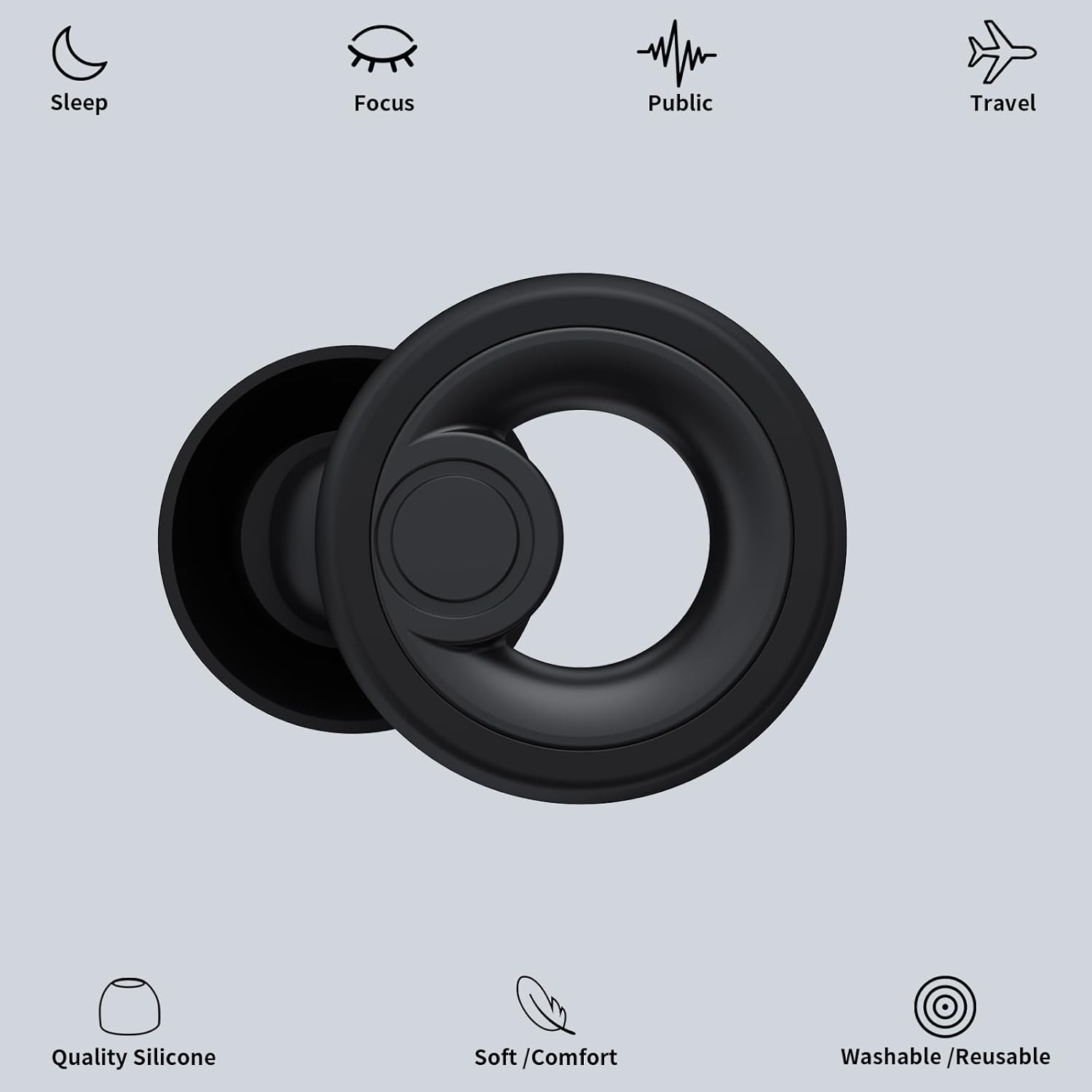Detalle 2 de JAYINE reusable silicone ear plugs (30 dB SNR) for sleep, travel, focus and concerts – XS/S/M/L tips in black