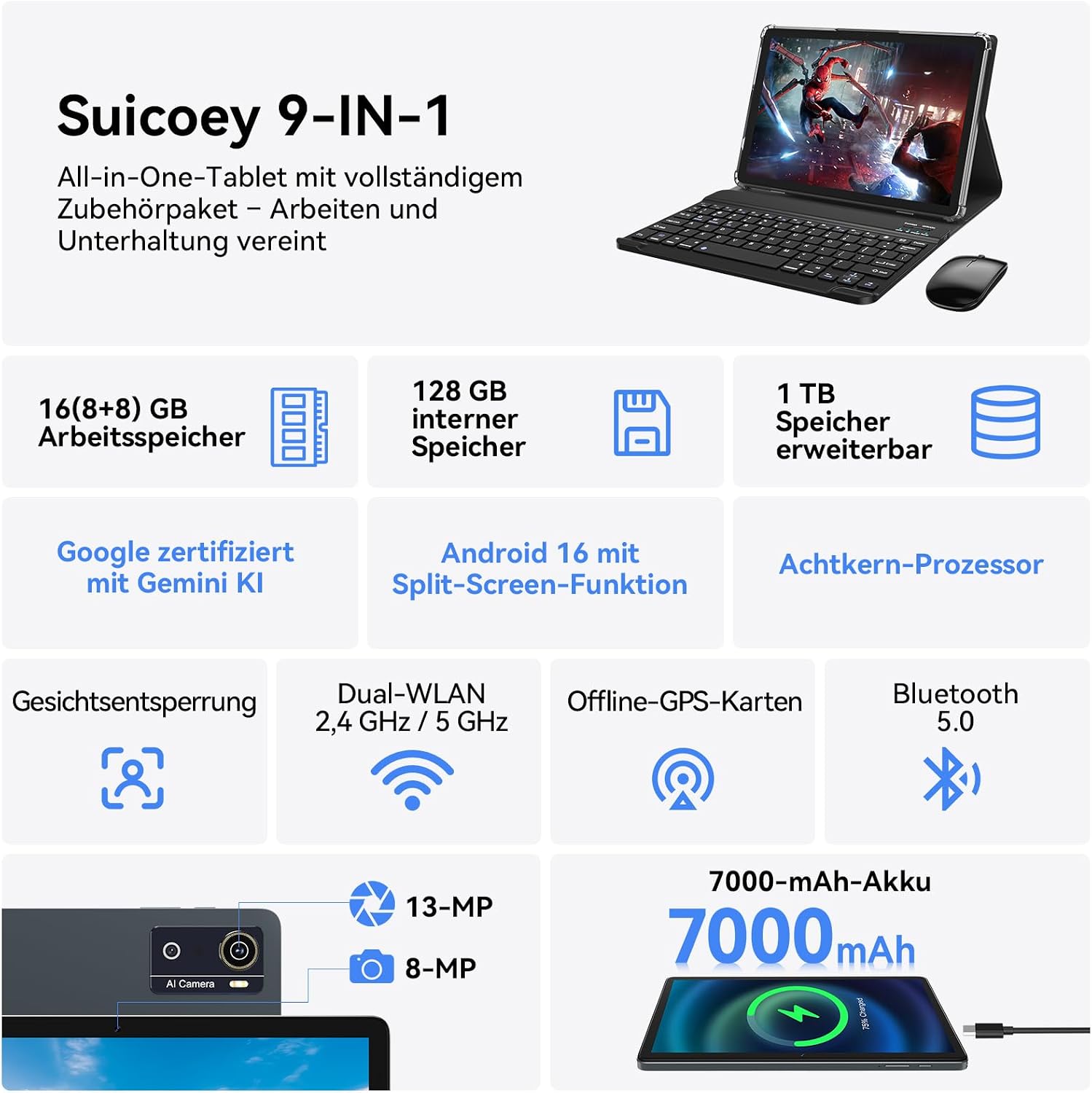 Detalle de KADYBE Tablet 10 Zoll – Android 16, 16 GB RAM, 128 GB Speicher, 9‑in‑1 Set