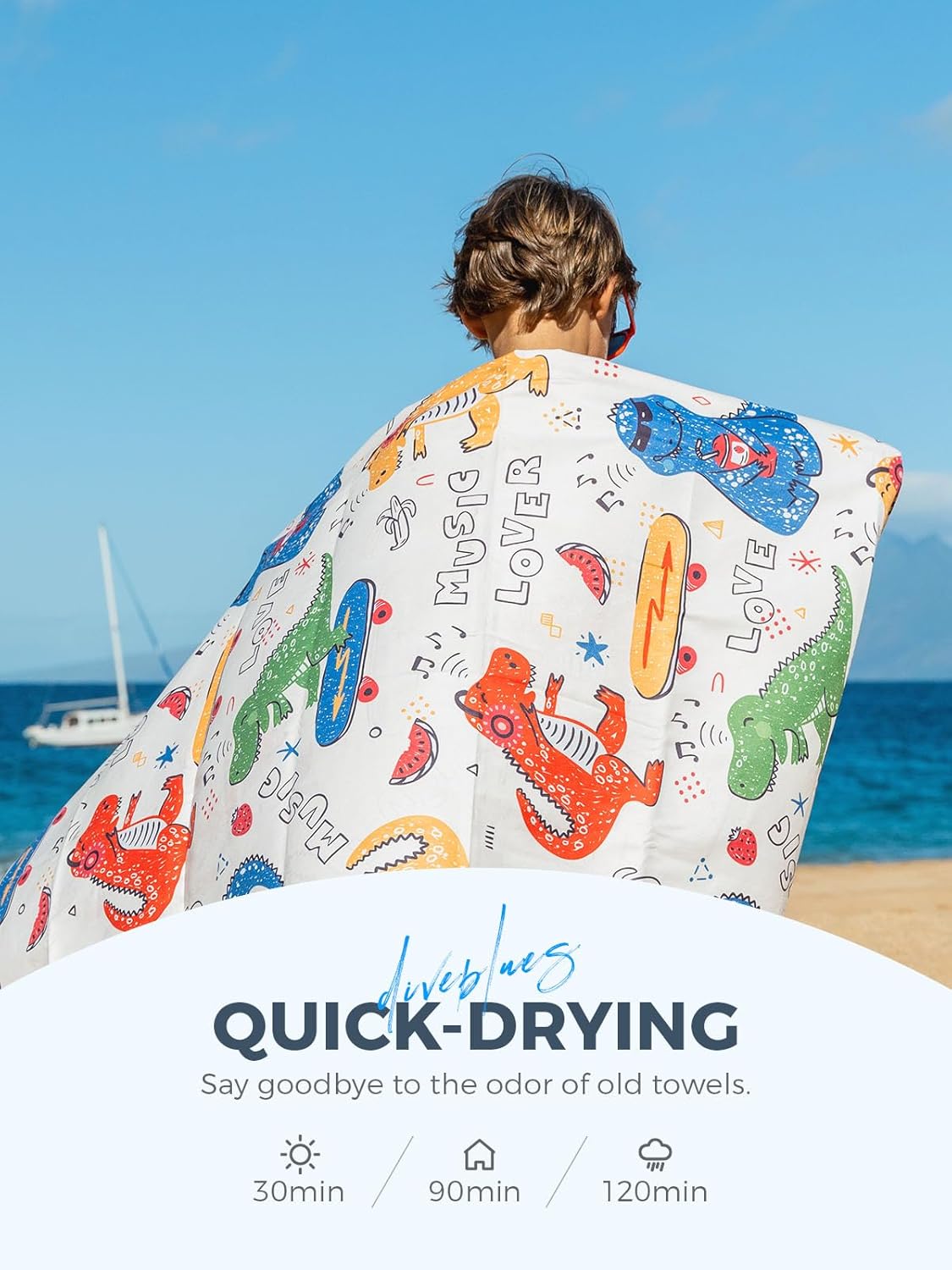 Detalle 2 de Diveblues Kids Microfibre Beach Towel (152x76cm) – quick-dry, sand-free, compact