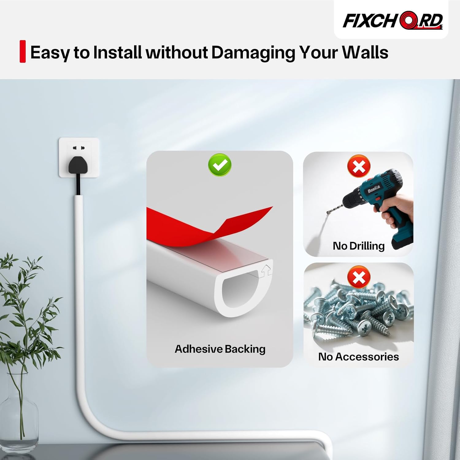 Thumbnail 3 de FIXCHORD Mini Self-Adhesive Cable Trunking (15mm x 10mm x 1m) – White
