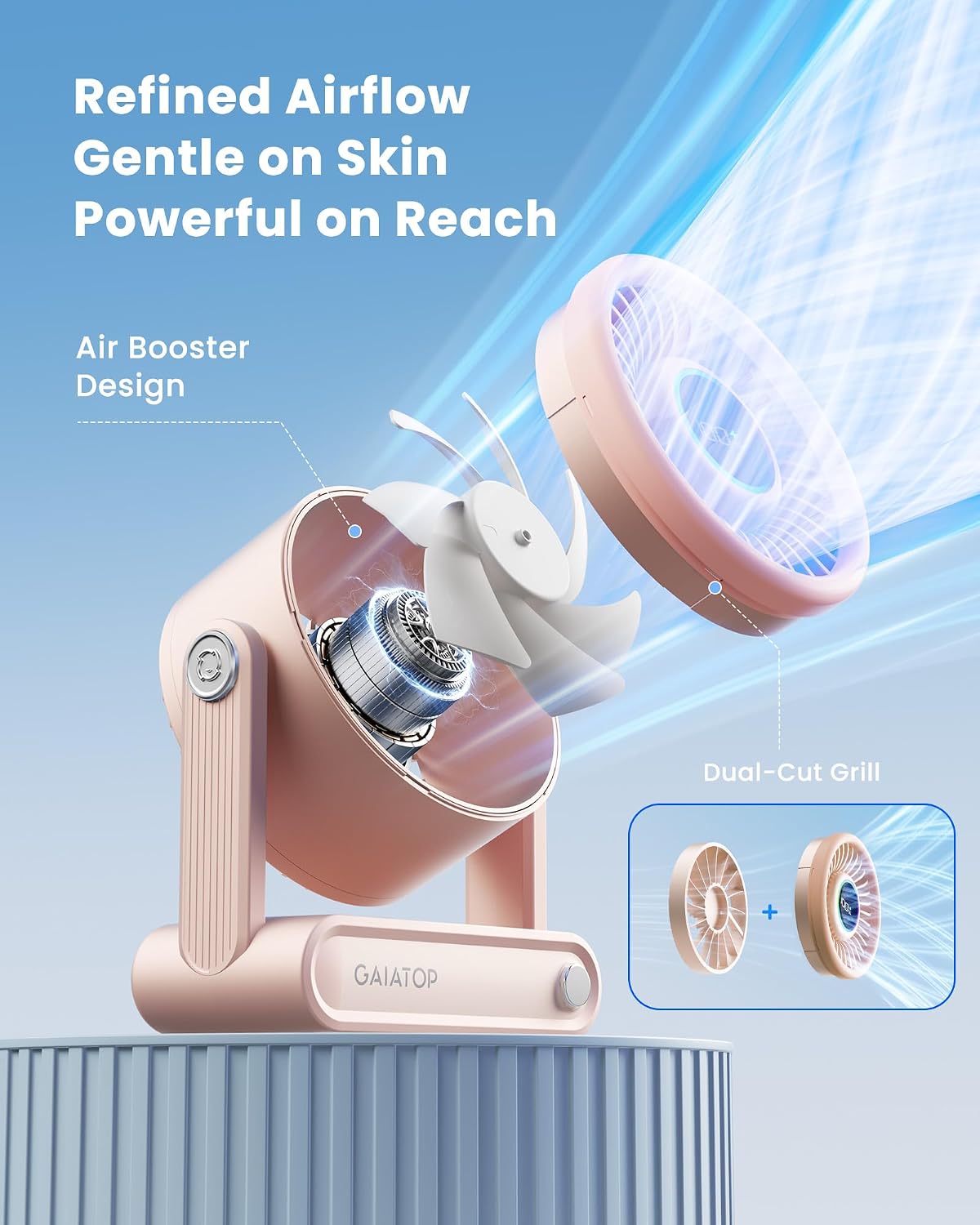 Detalle 2 de Gaiatop Rechargeable Desk Fan with Power Bank and RGB Ring — 6000mAh, Quiet 5-Speed