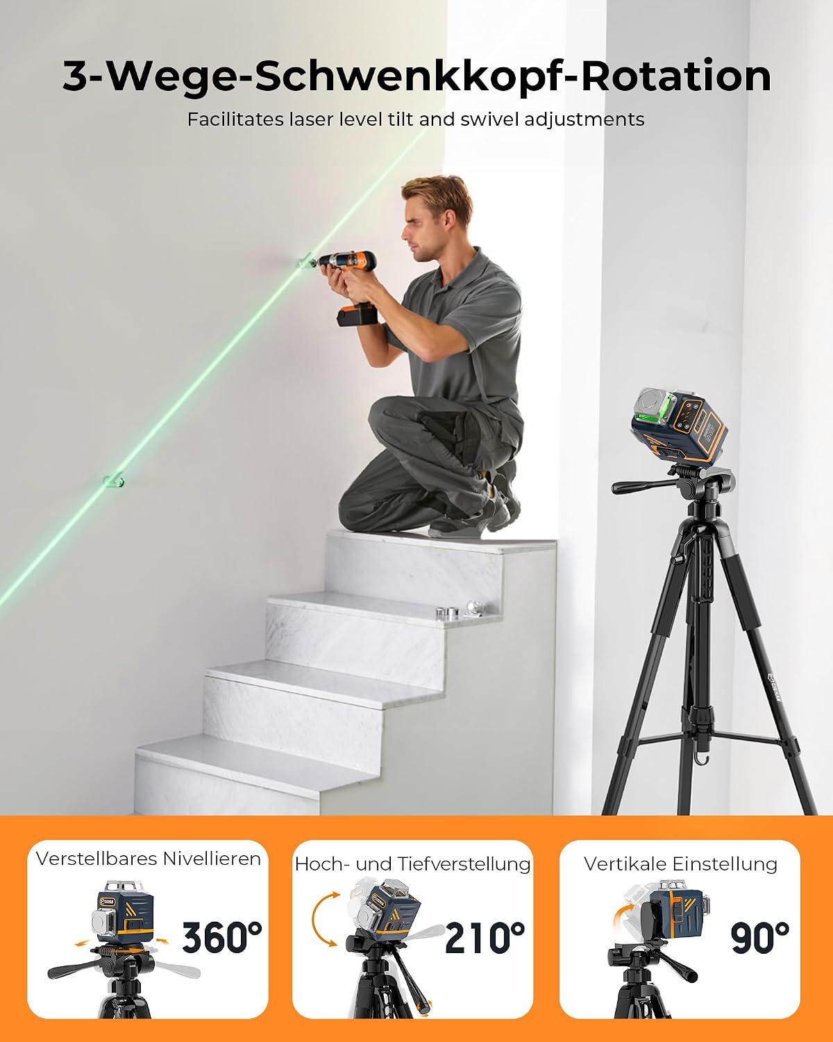 Detalle de Stativ Laser, CIGMAN 1,5m – Aluminiums-Verstellstativ mit 3‑Wege-Schwenkkopf, Blasenebene und Adapter–CTP01