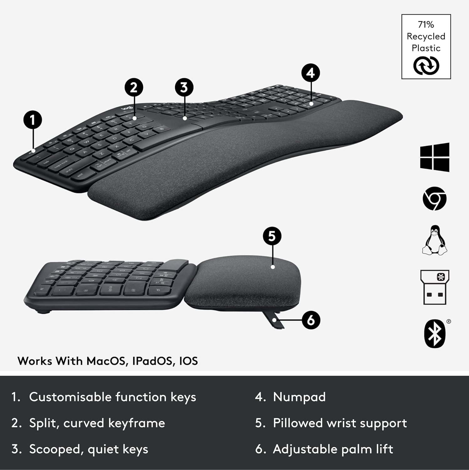 Thumbnail 5 de Logitech ERGO K860 Wireless Ergonomic Keyboard with split layout (UK QWERTY), Grey