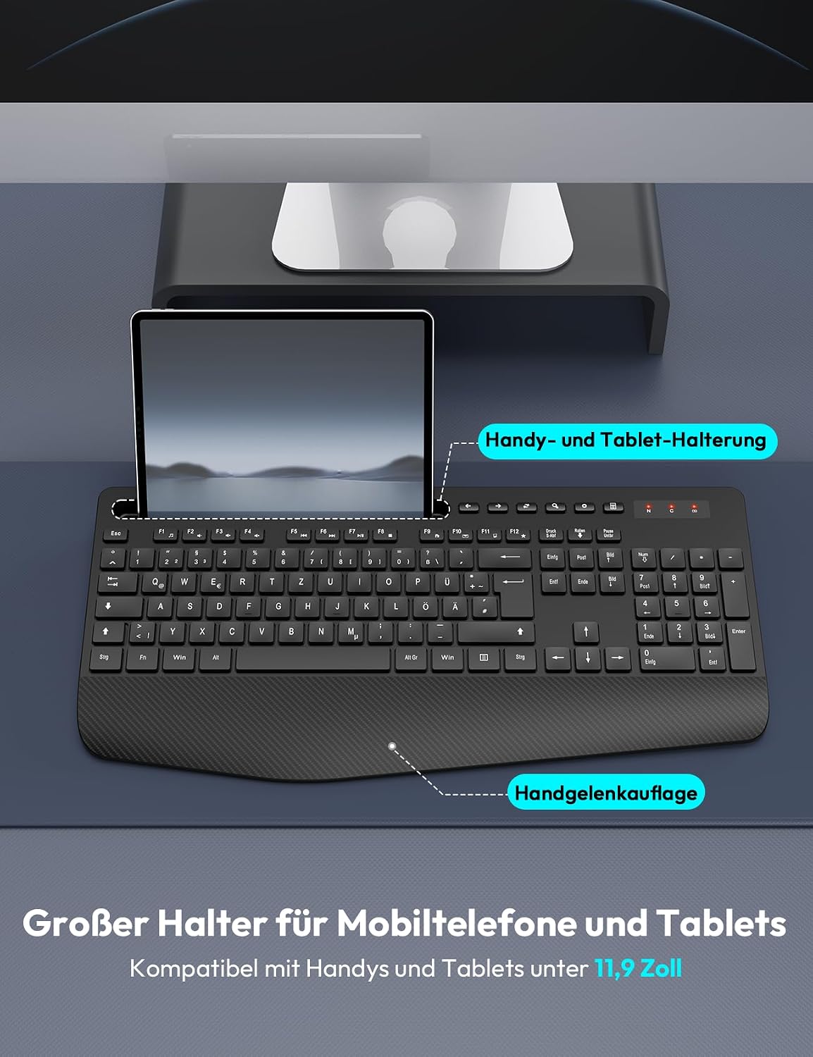 Detalle de SABLUTE Kabellose Tastatur KN213 (Full-Size) mit Handballenauflage und Telefonhalter