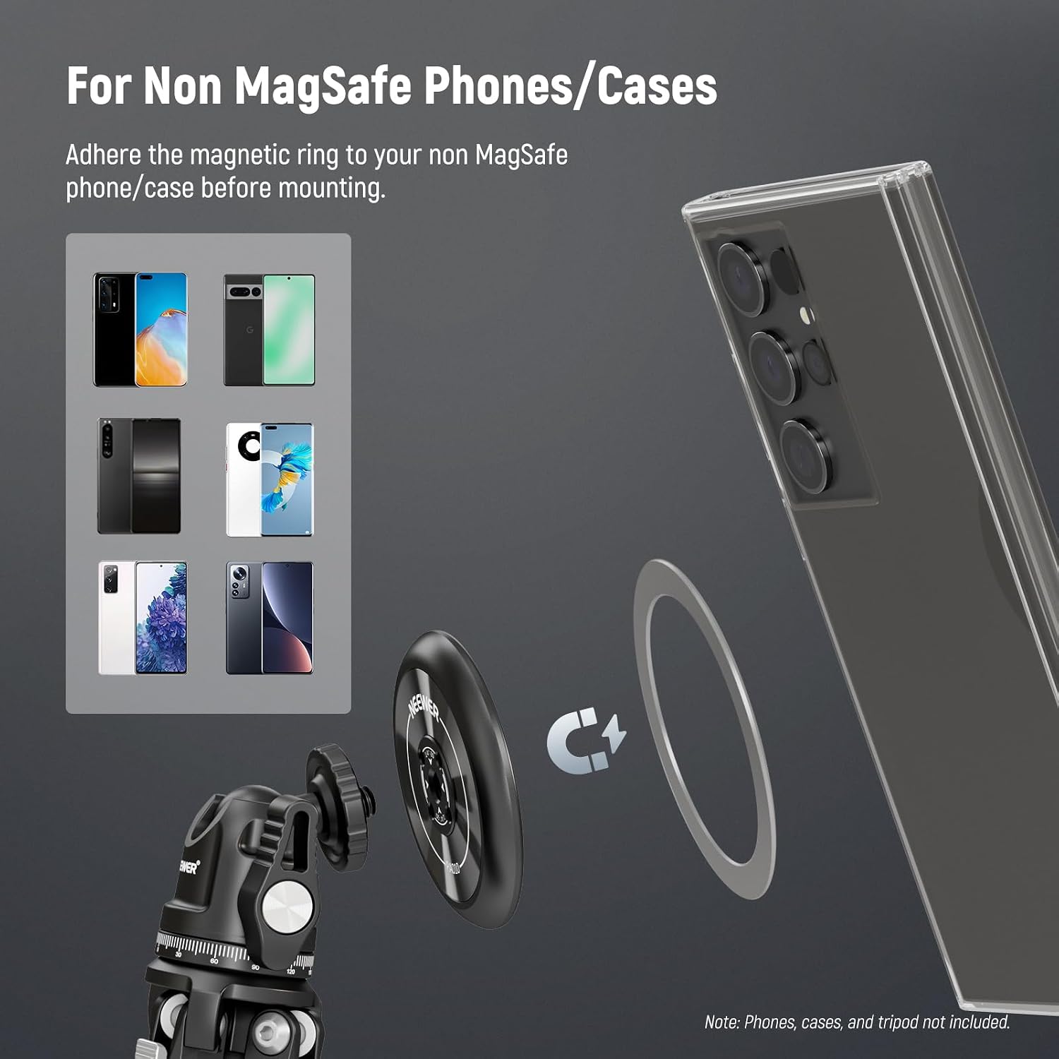 Detalle de NEEWER Magnetische Handy Stativhalterung Adapter PA010 mit Selbstklebendem Magnetring – kompatibel mit MagSafe iPhone 15 Pro Max bis 12, 1/4" Gewinde