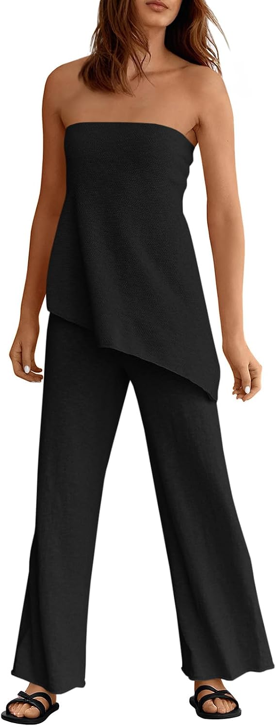 Imagen de Tankaneo Women's 2 Piece Outfits: Asymmetrical Tube Top & Wide Leg Knit Set en OfertitasTOP