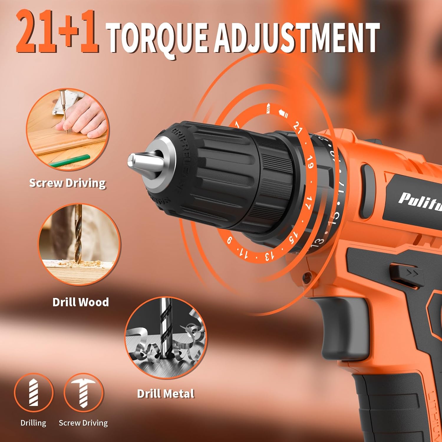 Thumbnail 4 de PULITUO 20V Cordless Drill/Driver, 30 Nm, 21+1 Torque Settings, 3/8-inch Chuck