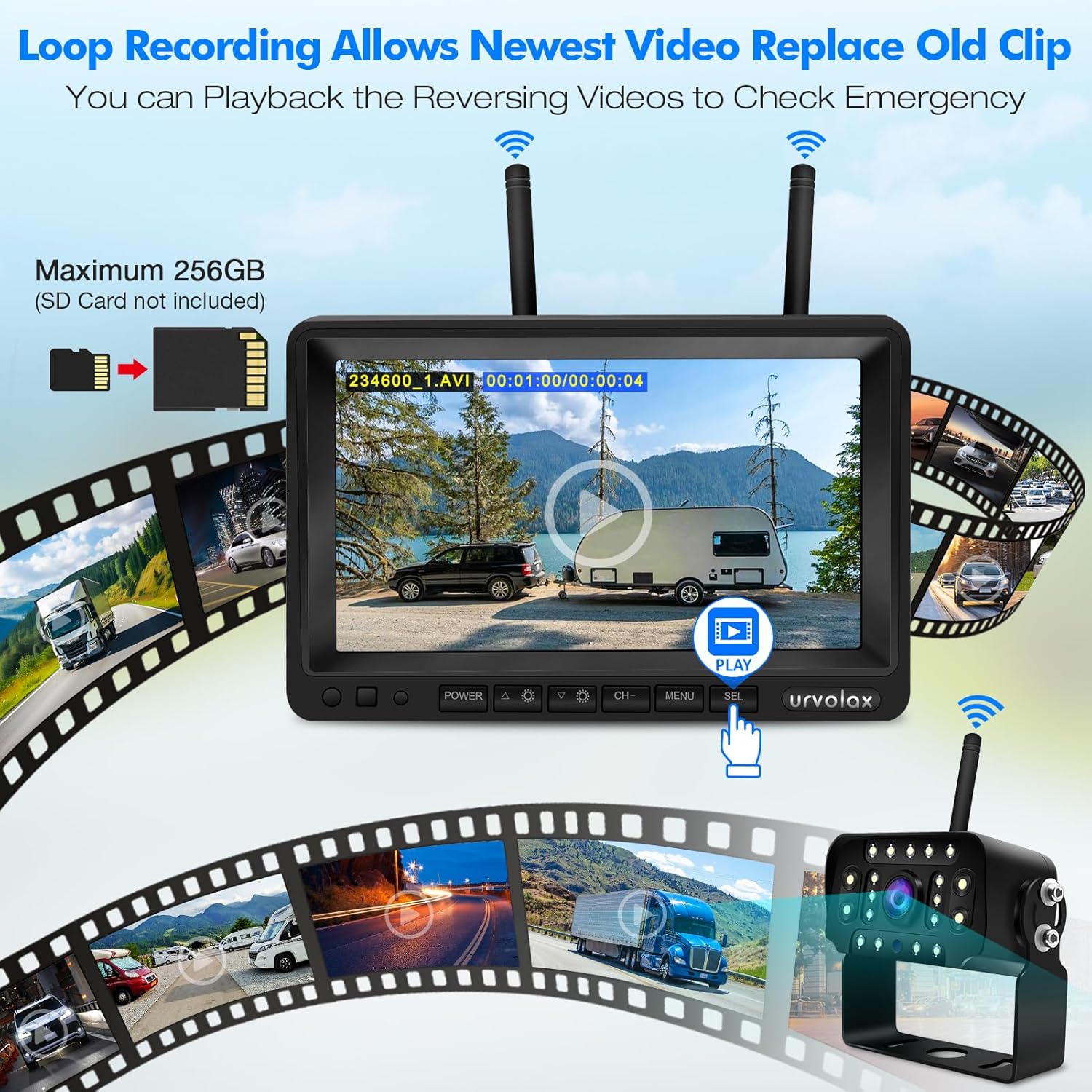 Thumbnail 3 de URVOLAX Retrocamera wireless con rilevamento AI e allarme acustico, monitor 7” FHD 1080P