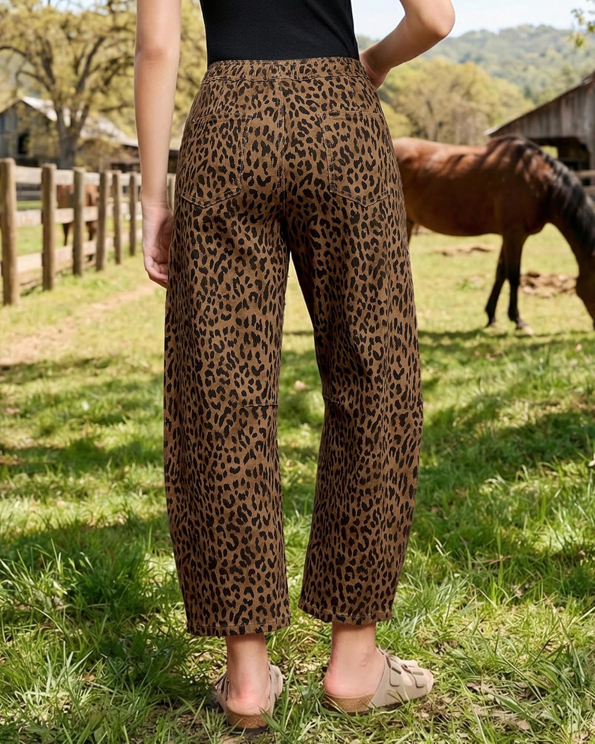 Thumbnail 2 de GRAPENT Barrel Jeans for Women: High-Waisted, Pull-On Wide-Leg Cropped Jeans in Leopard Print