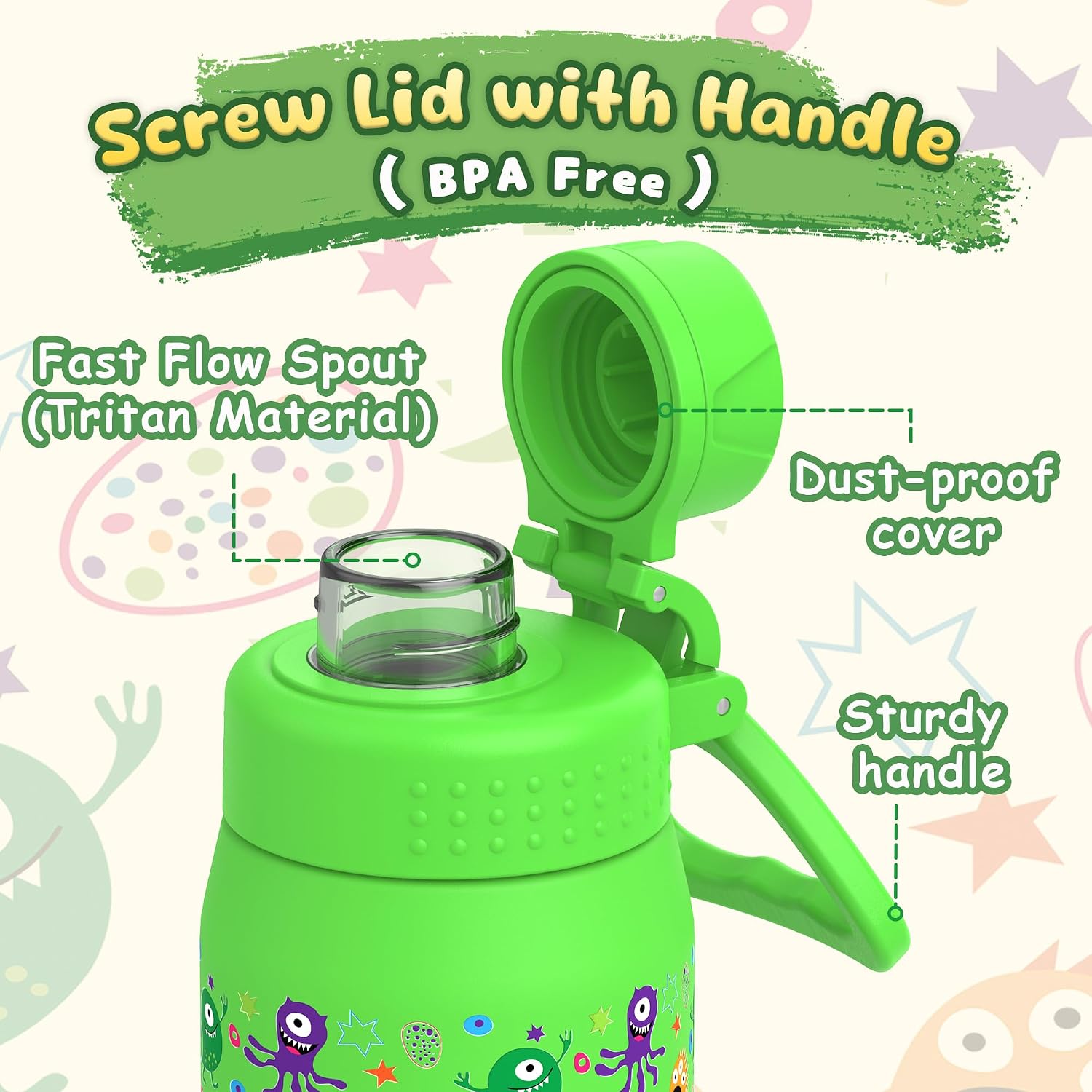 Detalle de GOPPUS 420ml Kids Insulated Water Bottle with Screw Lid (No Straw) – Green Monster