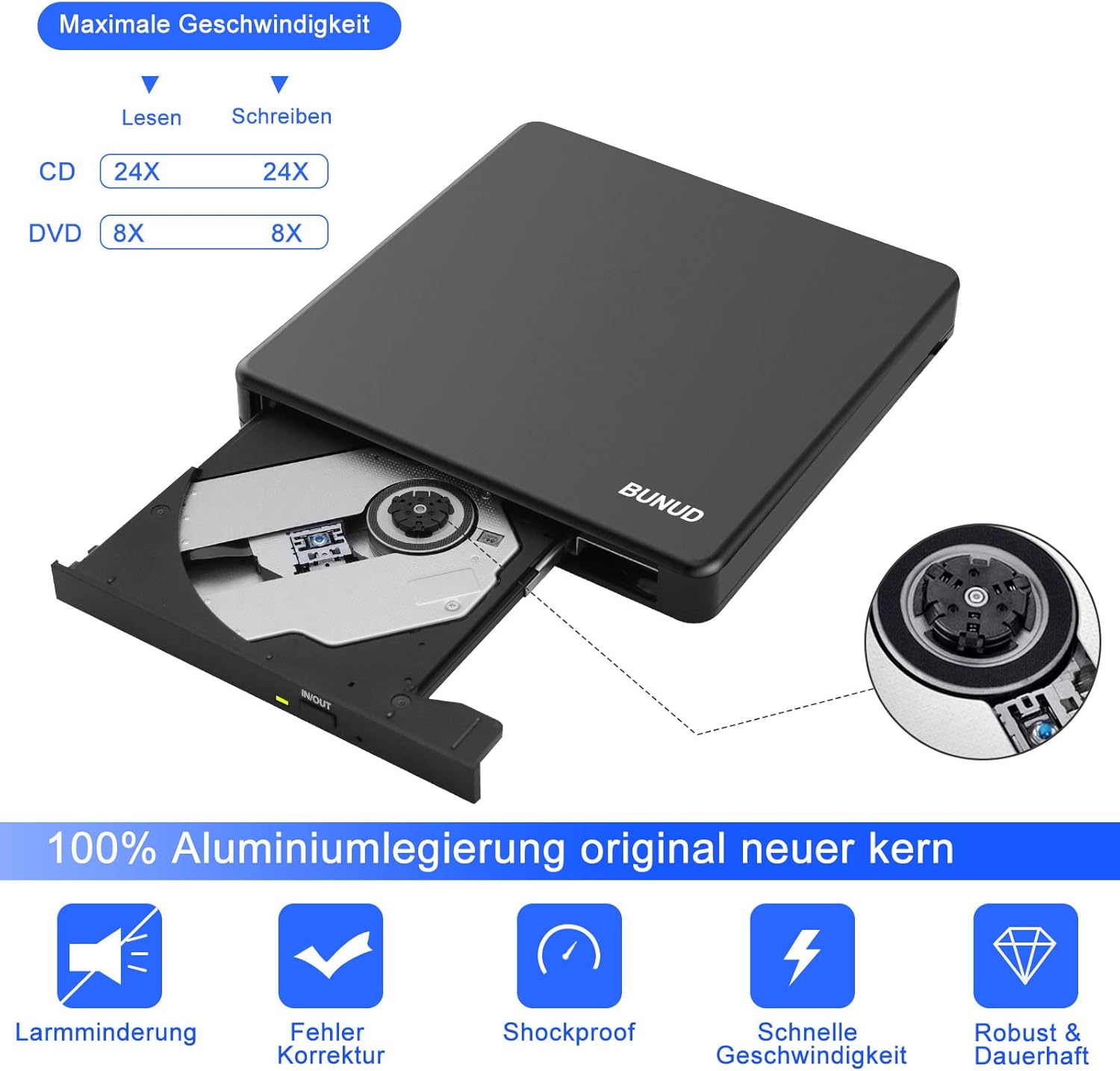 Detalle de BUNUD Externes CD DVD Laufwerk USB-C 5-in-1