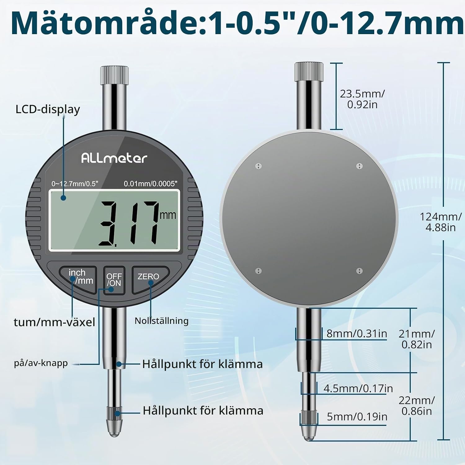 Detalle de ALLmeter digital hålmätare 50–160 mm, 0,01 mm och 12 mätsonder