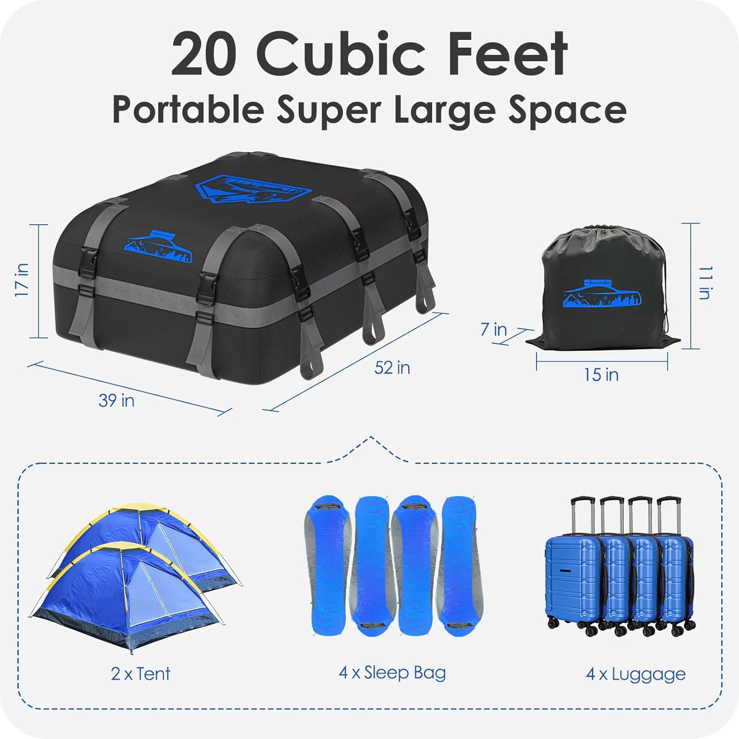 Detalle de BOYUJK Car Roof Bag 566L: Waterproof, versatile 20 Cubic ft cargo solution without a rack