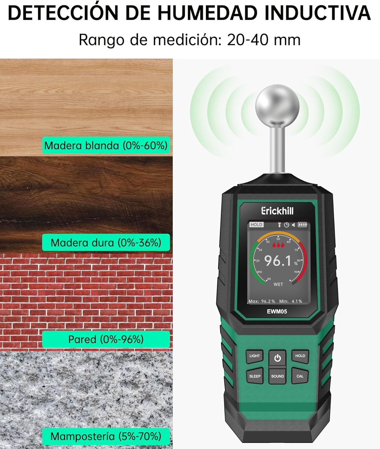 Thumbnail 1 de ERICKHILL Medidor de humedad sin contacto 🏠 LED y pantalla digital