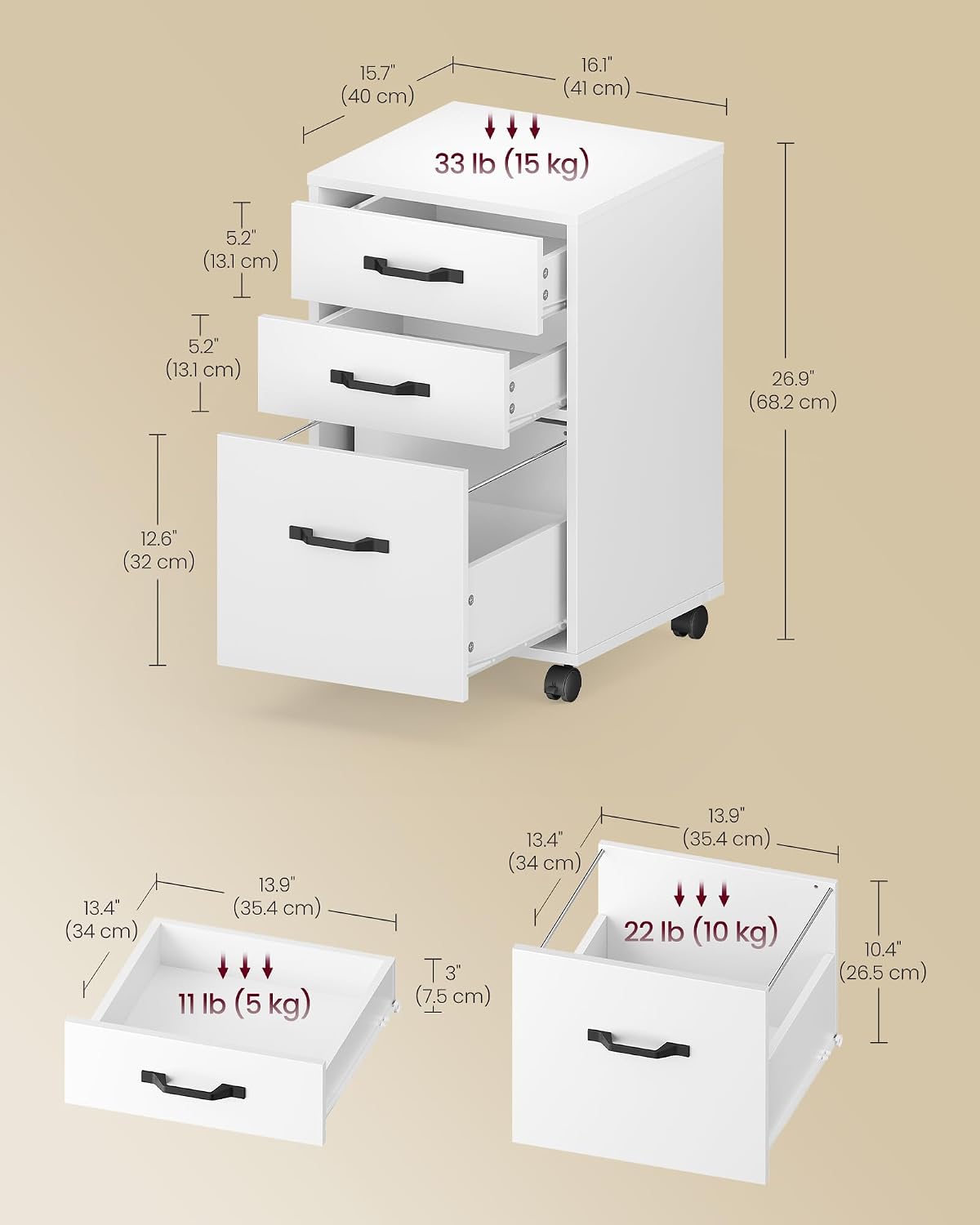 Detalle de VASAGLE Mobile File Cabinet, 3 Drawers with Wheels (OFC065WB01) – Cloud White