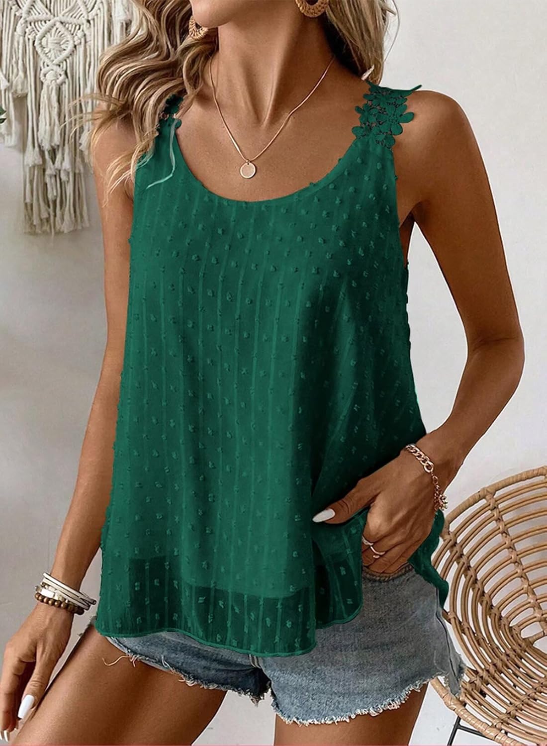 Thumbnail 5 de Womens Flowy Swiss Dot Lace Strap Boho Tank Top (100% Polyester)