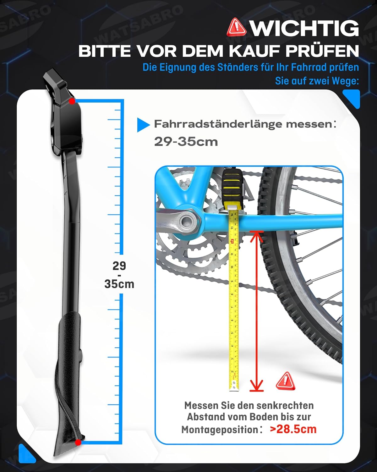 Thumbnail 2 de WATSABRO höhenverstellbarer Fahrradständer für 24–29 Zoll (E-Bike/MTB), Aluminium, Seitenständer mit 18-mm Distanzlöchern