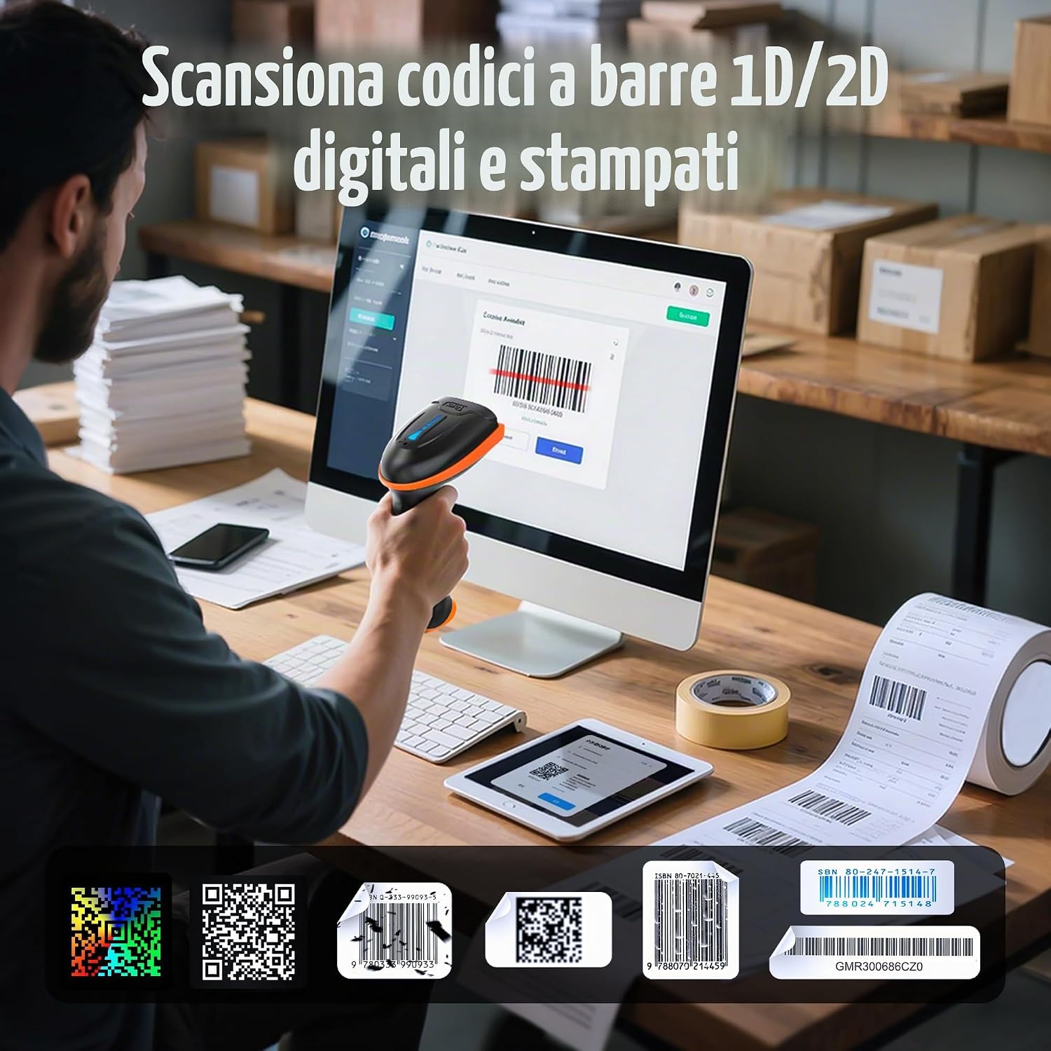 Detalle 2 de Tera 2D QR lettore di codici a barre wireless USB-Cablato 1D/2D con batteria 2000 mAh