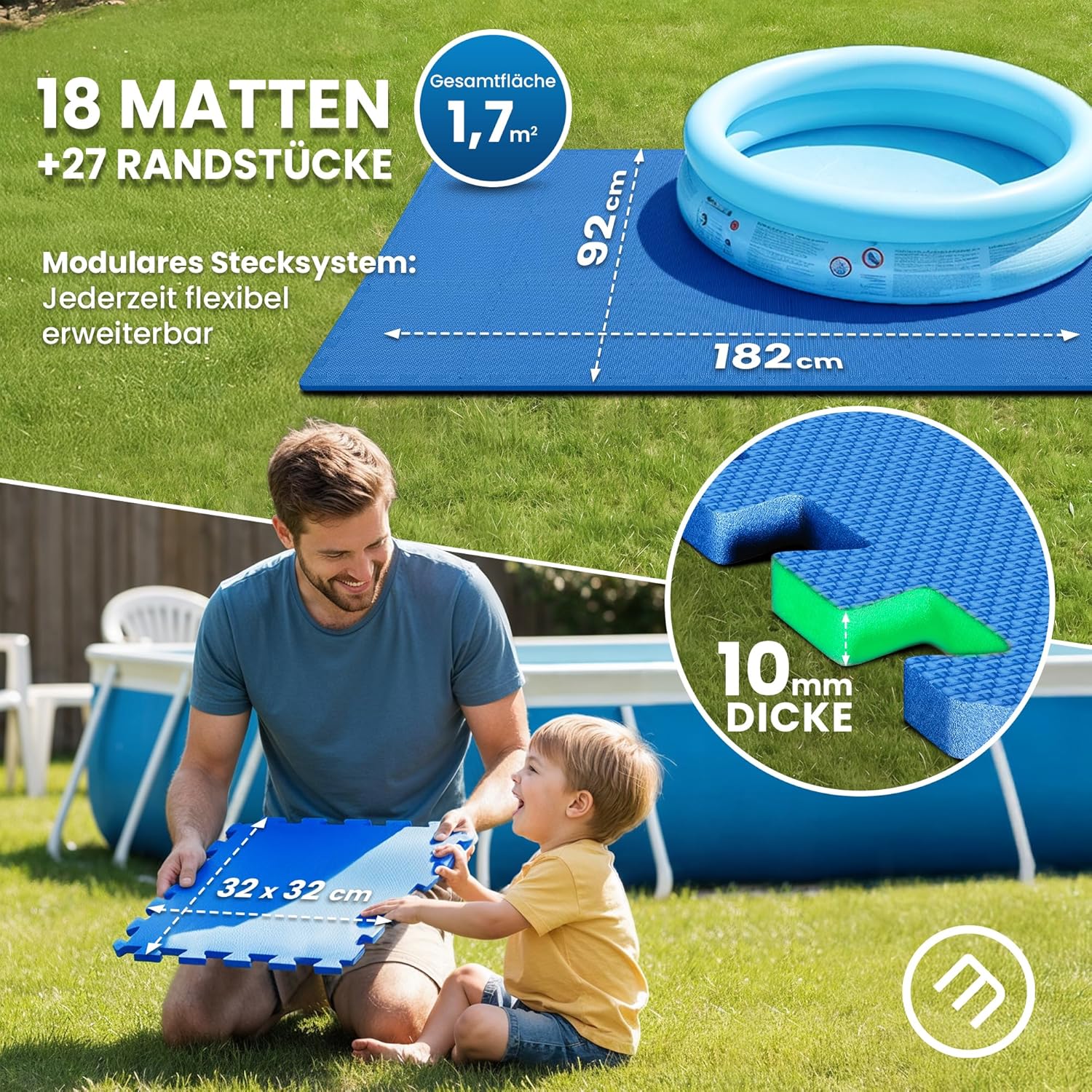 Detalle 2 de bemaxx Poolunterlage Poolmatte Unterlegmatte – 18 EVA-Puzzlematten als Bodenschutz für Pool, Whirlpool und Planschbecken