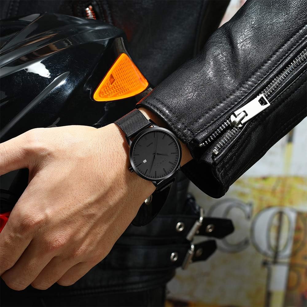 Detalle de CRRJU Herren-Uhr ultra dünn, wasserdicht mit schwarzem Edelstahl-Meshband – analog, Quarz