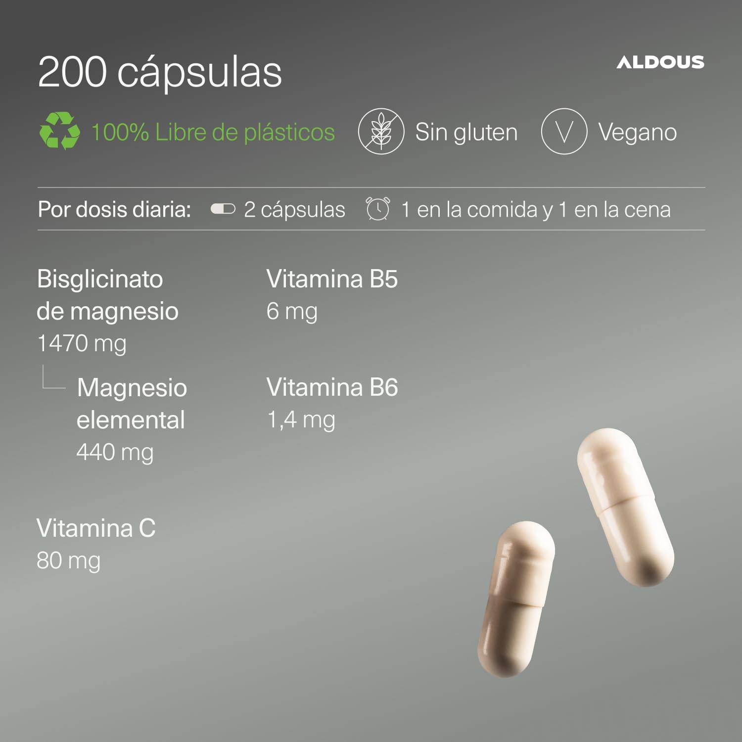 Detalle de Magnesio Bisglicinato -200 Cápsulas- Vitamina C de Aldous Bio
