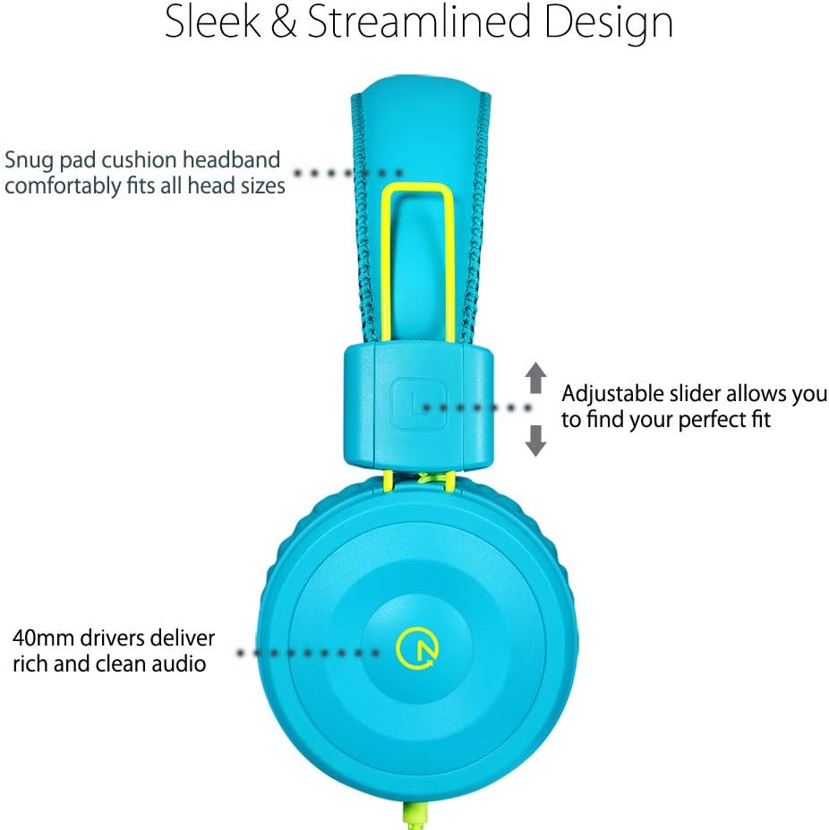 Detalle 2 de noot products Kids Headphones K22 Foldable Wired Stereo (3.5mm) — Teal/Lime, 5ft Tangle-Free Cord