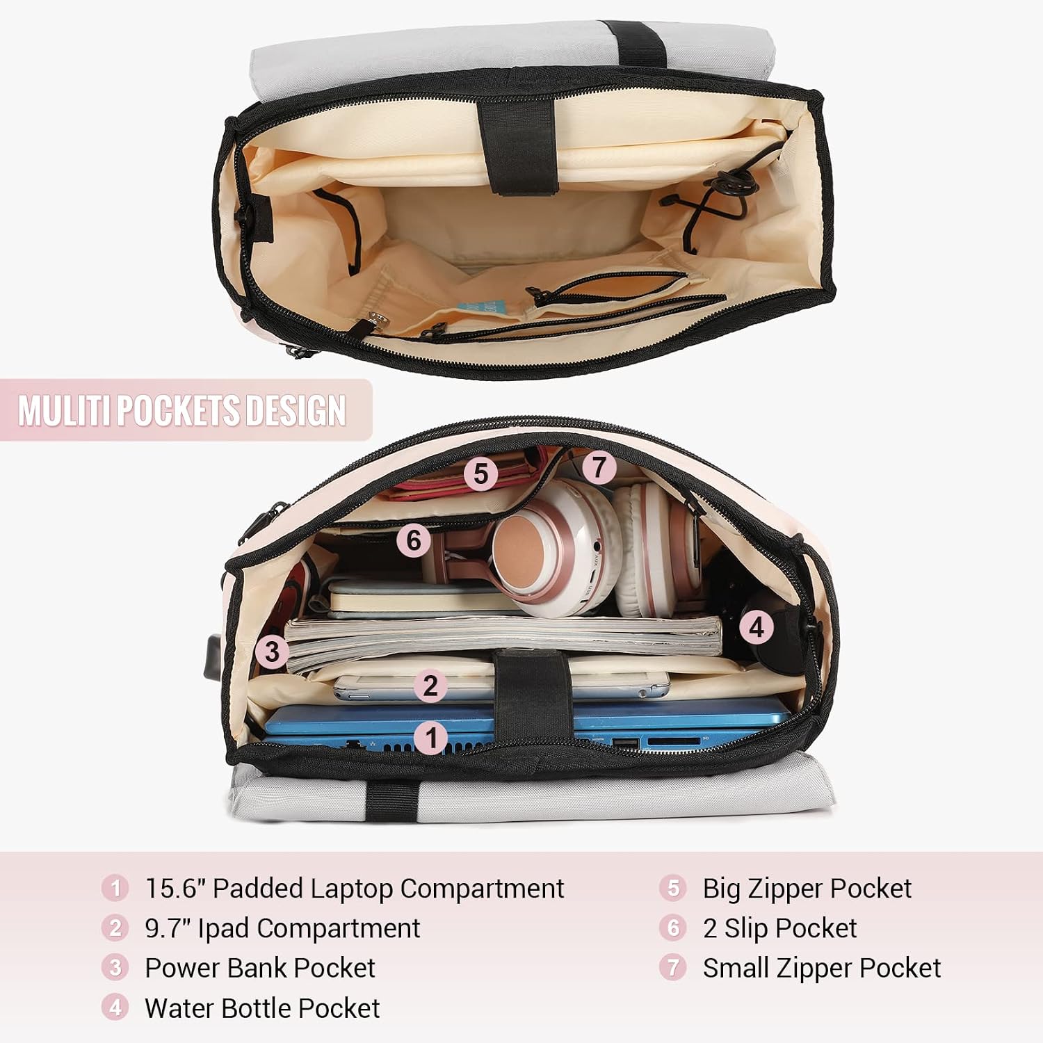 Detalle 2 de LOVEVOOK Damen-Rucksack Elegant Daypack mit Laptopfach bis 15,6 Zoll, wasserabweisend und Anti-Diebstahl-Elementen (rosa)