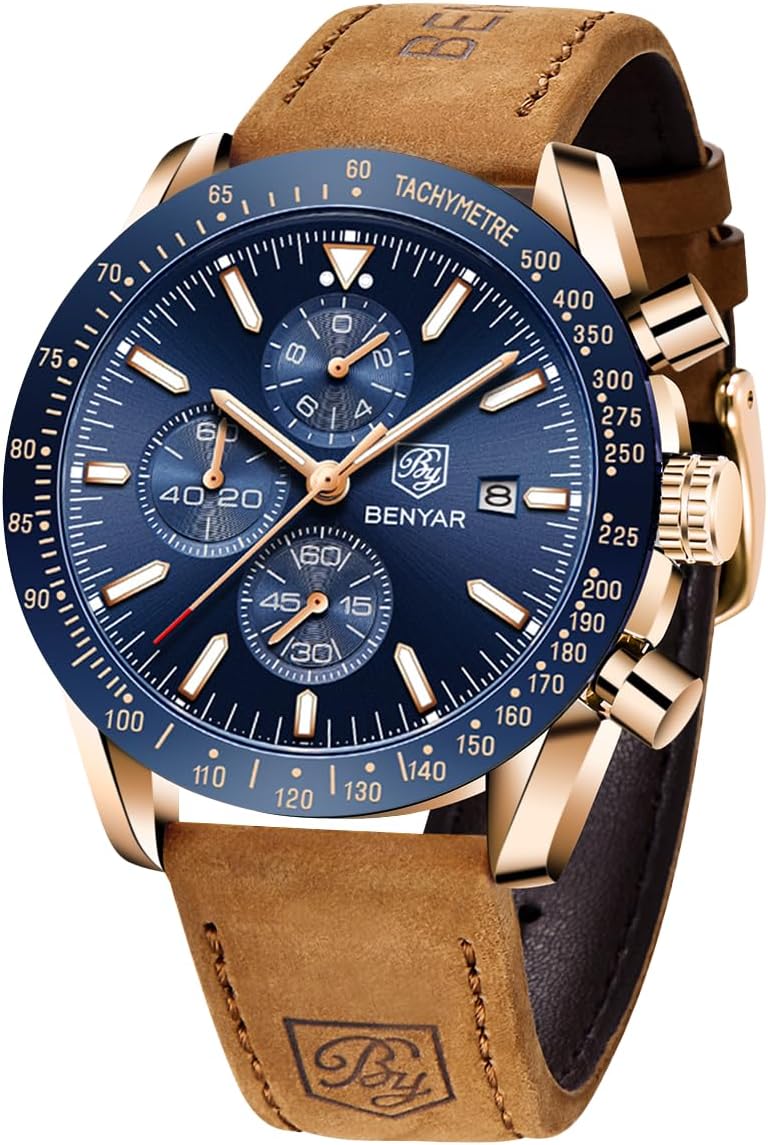 Detalle de BENYAR Orologio da Uomo Cronografo Analogico al Quarzo — 45MM, Impermeabile e con Cinturino in Pelle/Acciaio Inox