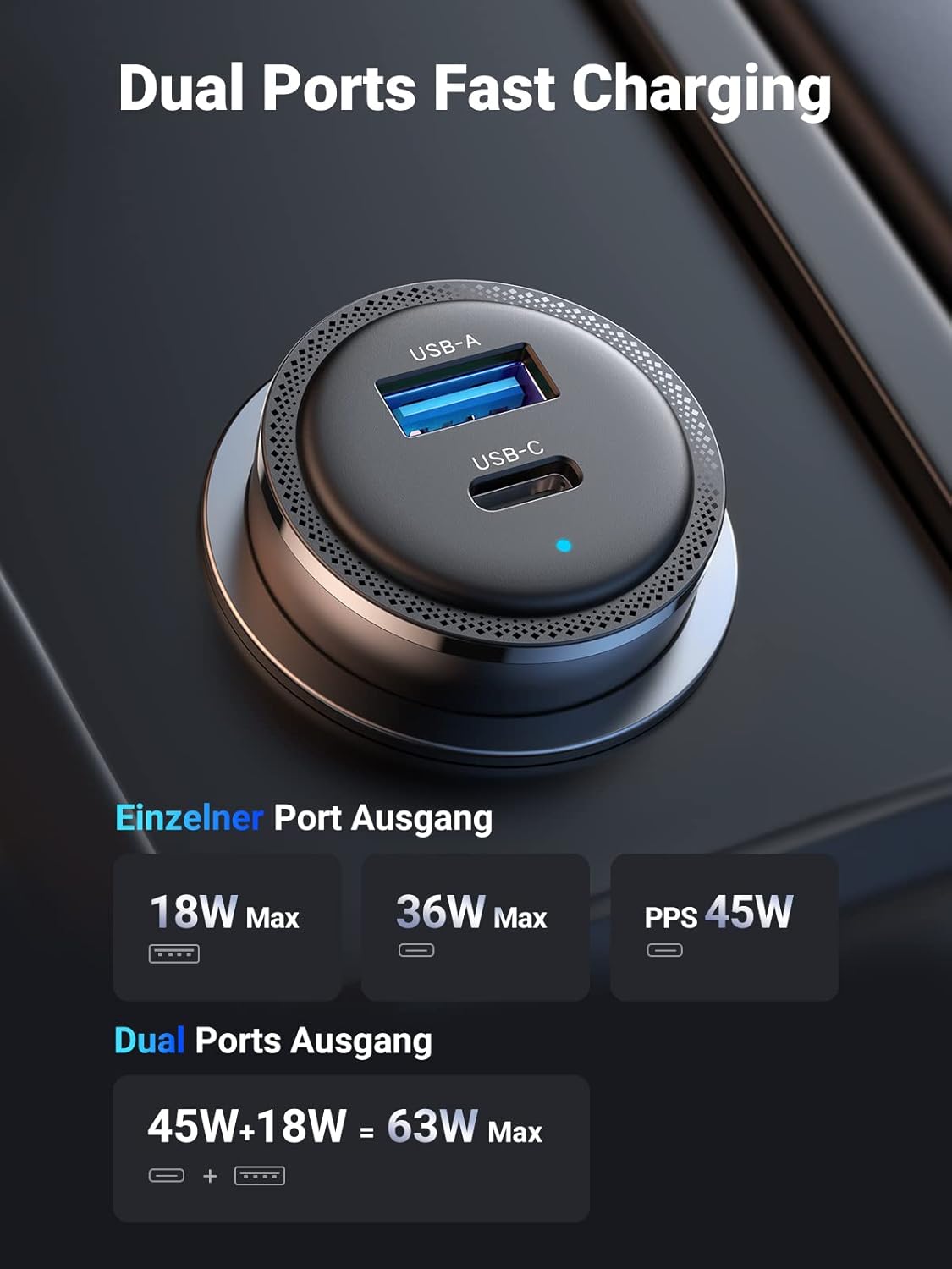 Thumbnail 3 de UGREEN Zigarettenanzünder-USB-C Autoladegerät 63W (45W + 18W) mit PPS für bis zu 2 Geräte